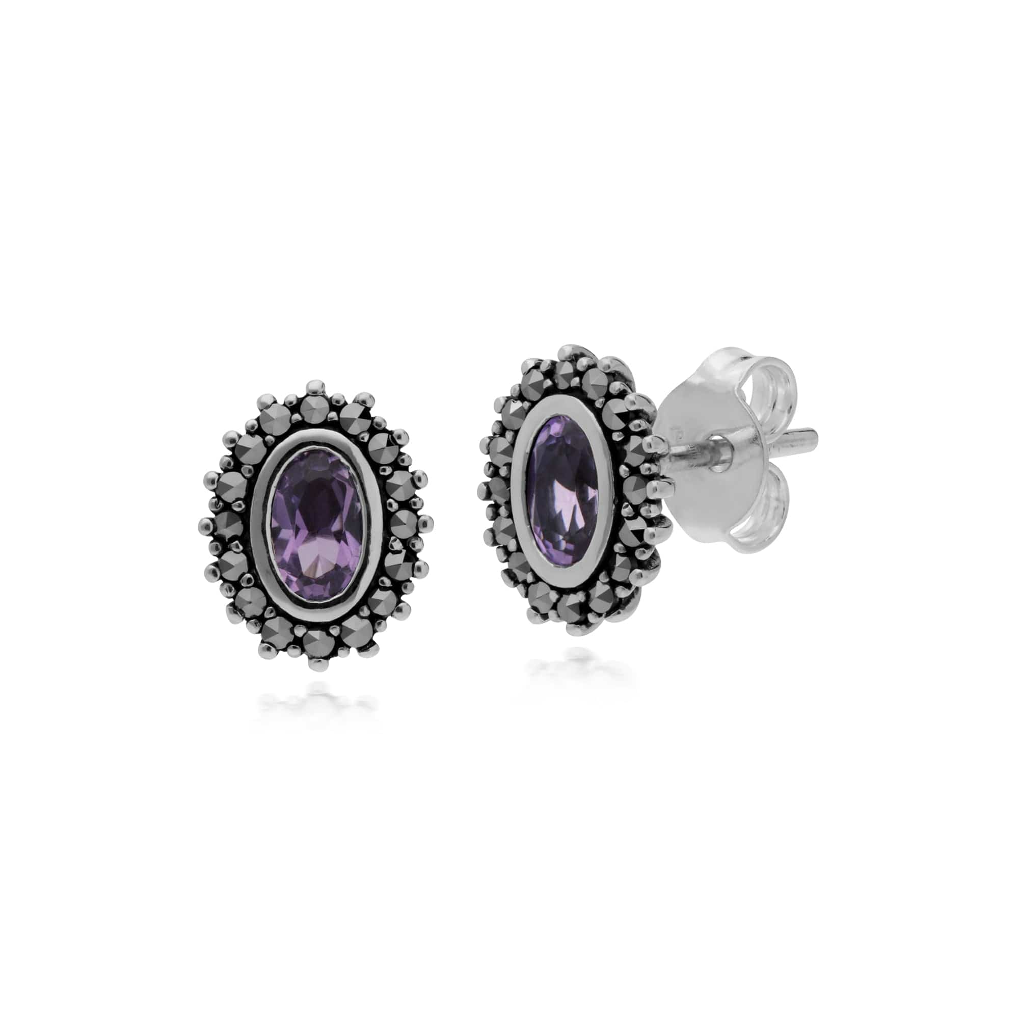 214E860902925-214R599702925 Art Deco Style Oval Amethyst & Marcasite Halo Stud Earrings & Ring Set in 925 Sterling Silver 2