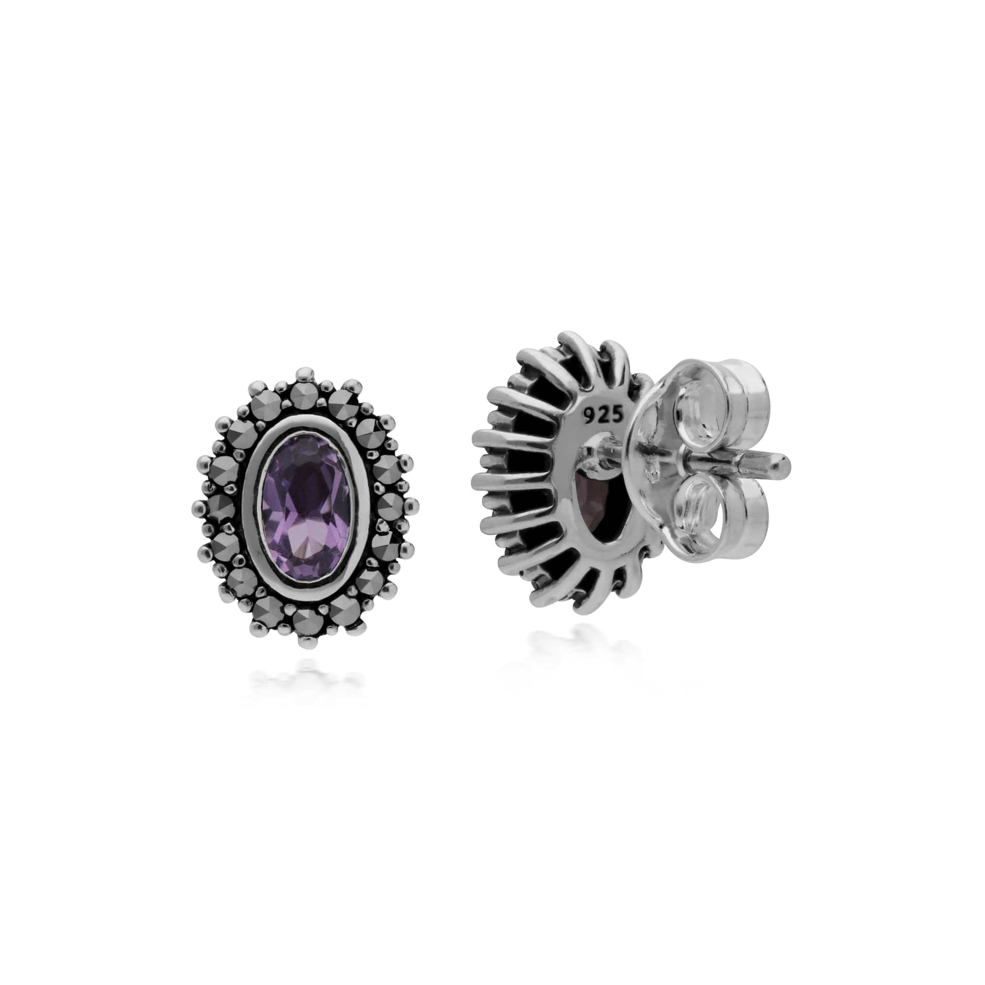 214E860902925 Gemondo Sterling Silver Amethyst & Marcasite February Art Nouveau Stud Earrings 2