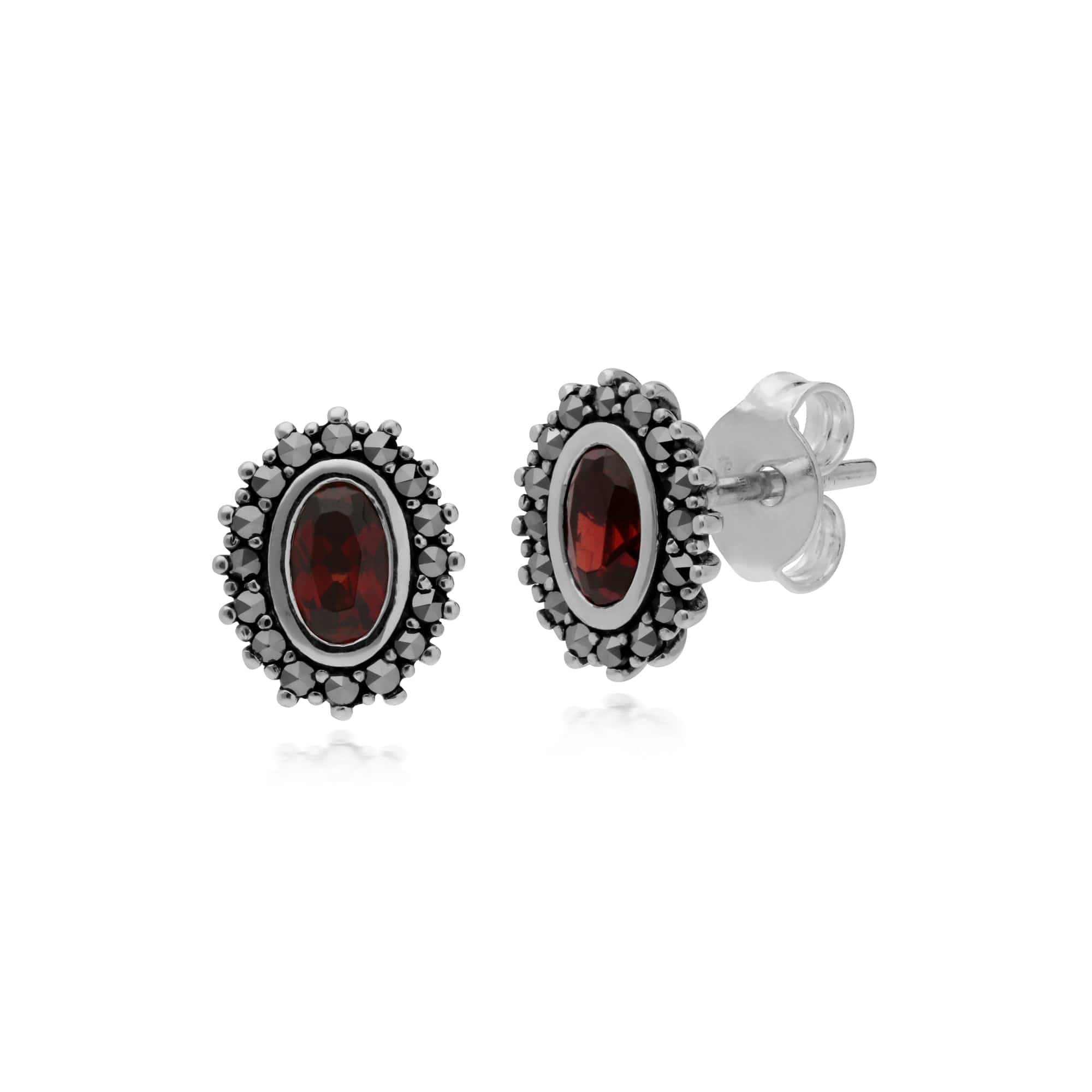 214E860903925-214P301403925 Art Deco Style Oval Garnet & Marcasite Halo Stud Earrings & Pendant Set in 925 Sterling Silver 2