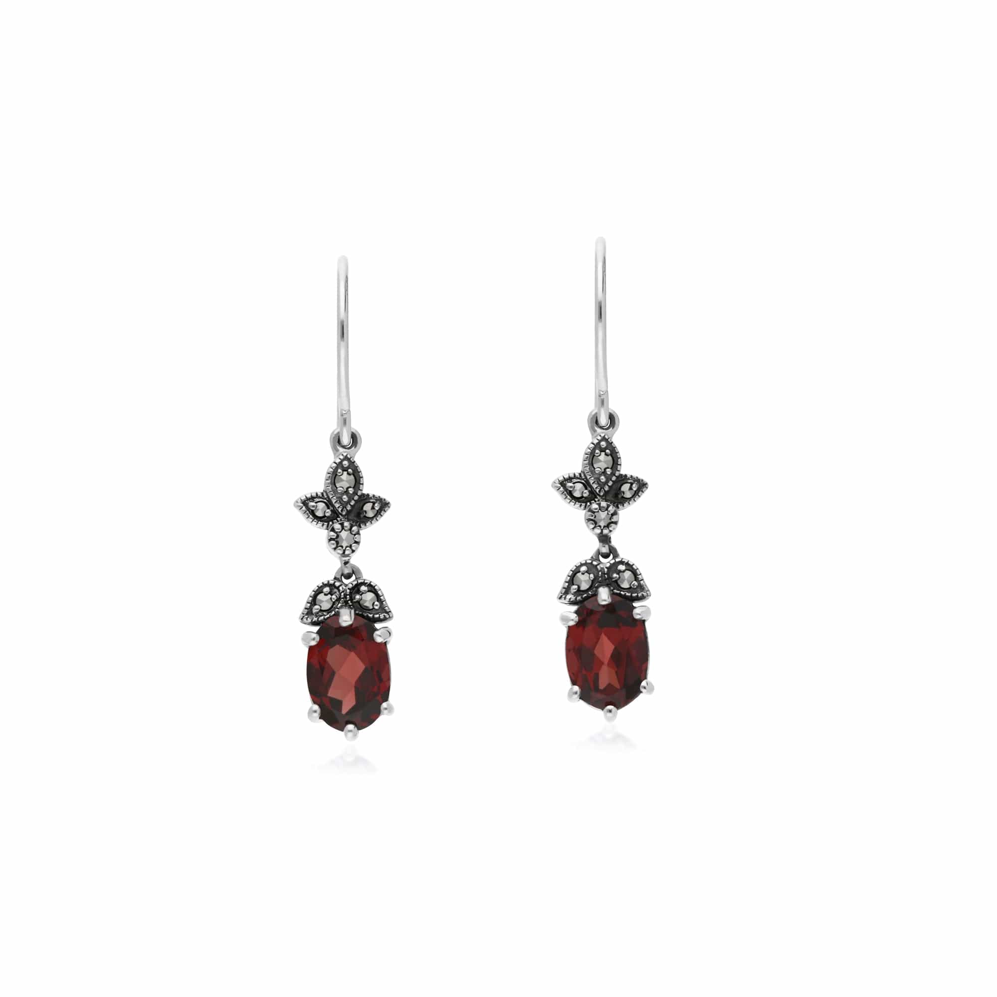 214E861101925 Art Nouveau Style Oval Garnet & Marcasite Drop Earrings in 925 Sterling Silver 1