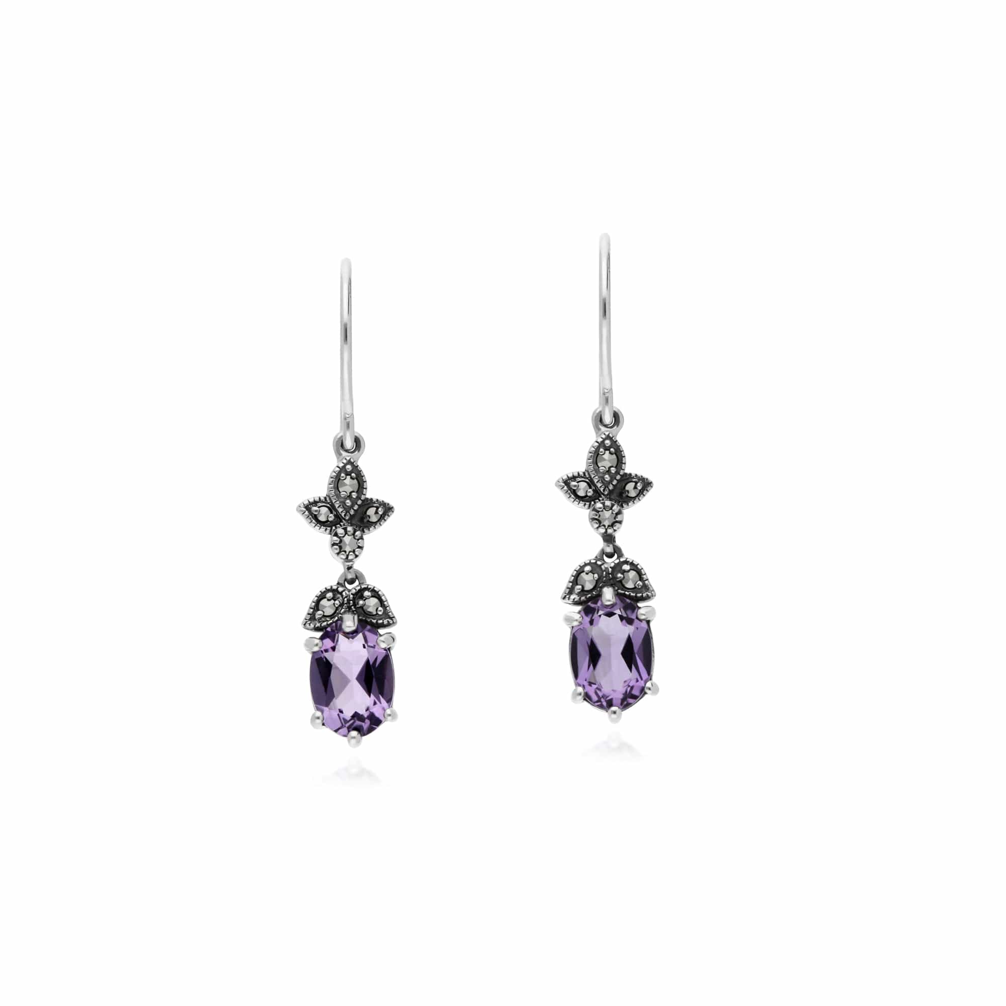 214E861102925 Art Nouveau Style Oval Amethyst & Marcasite Drop Earrings in 925 Sterling Silver 1