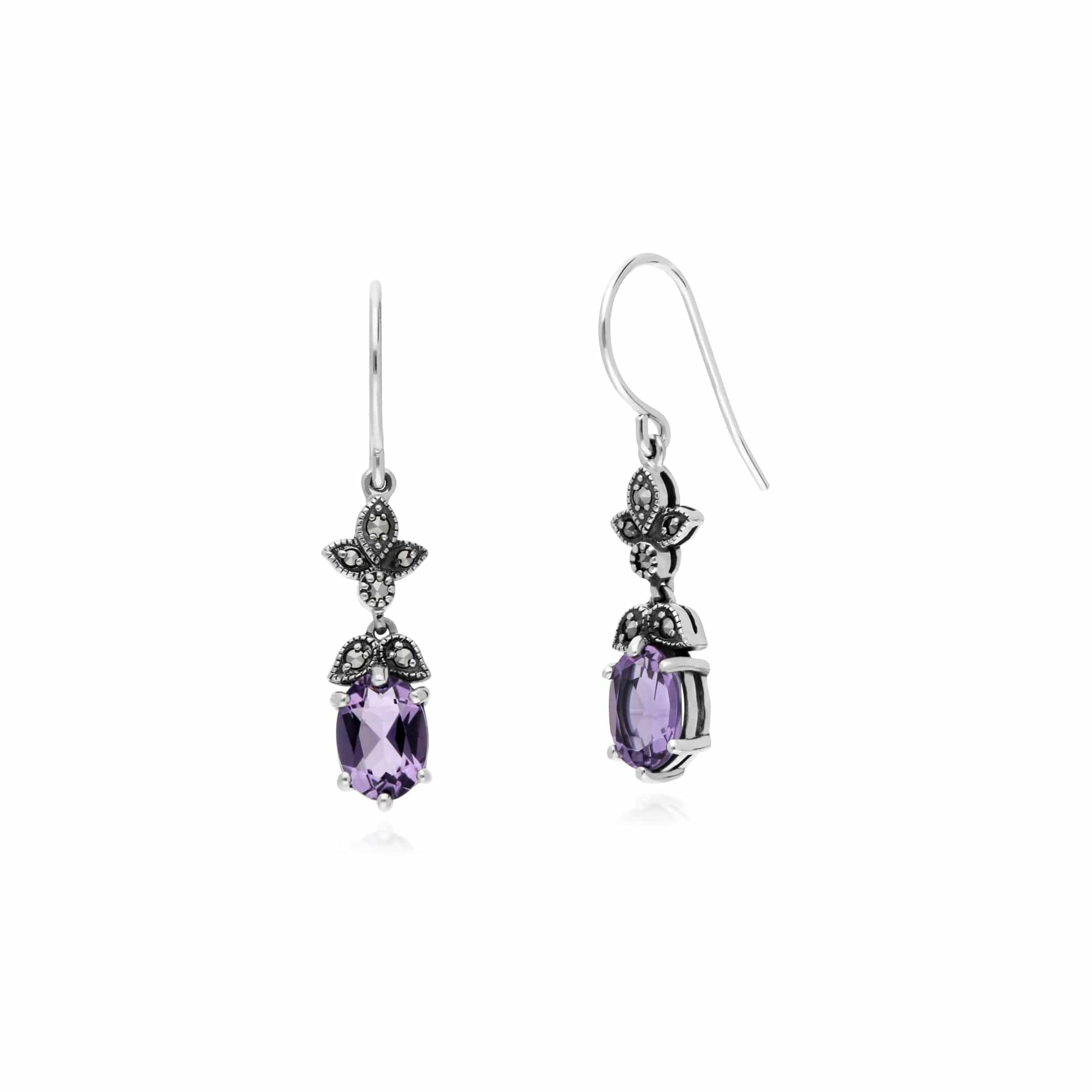 214E861102925 Art Nouveau Style Oval Amethyst & Marcasite Drop Earrings in 925 Sterling Silver 2