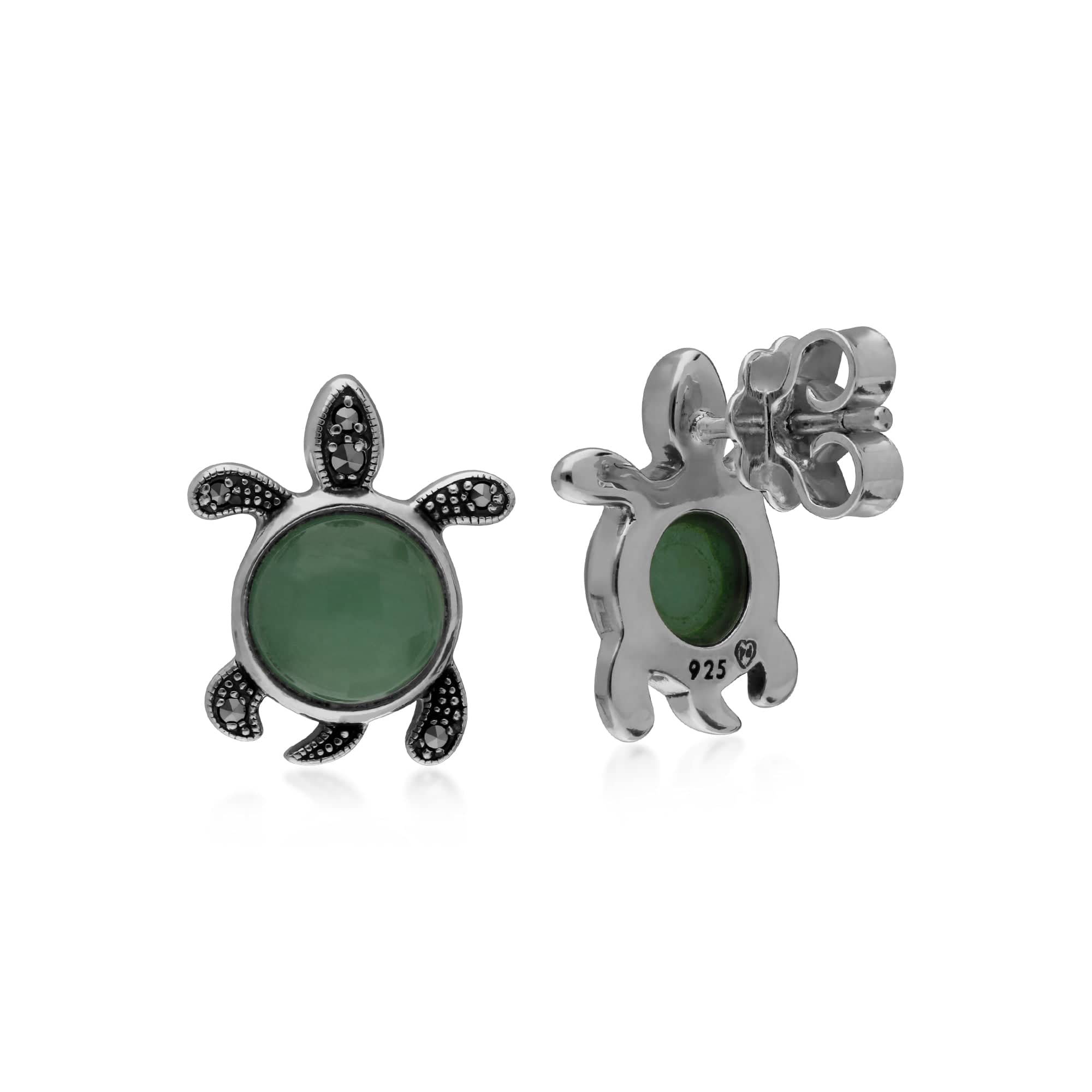Classic Round Green Jade & Marcasite Turtle Stud Earrings in 925 Sterling Silver - Gemondo