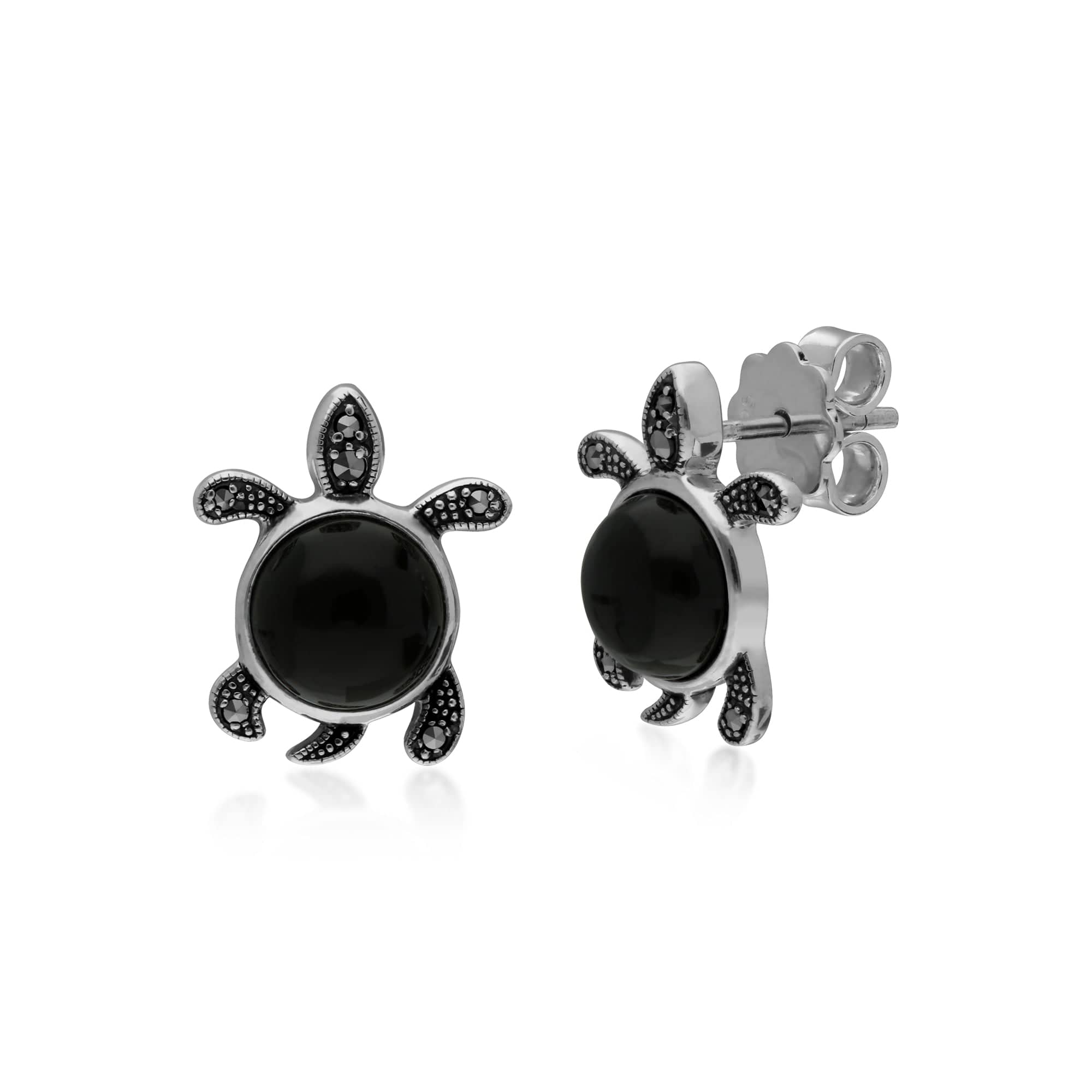 Gemondo Sterling Silver Black Onyx & Marcasite Turtle Stud Earrings - Gemondo