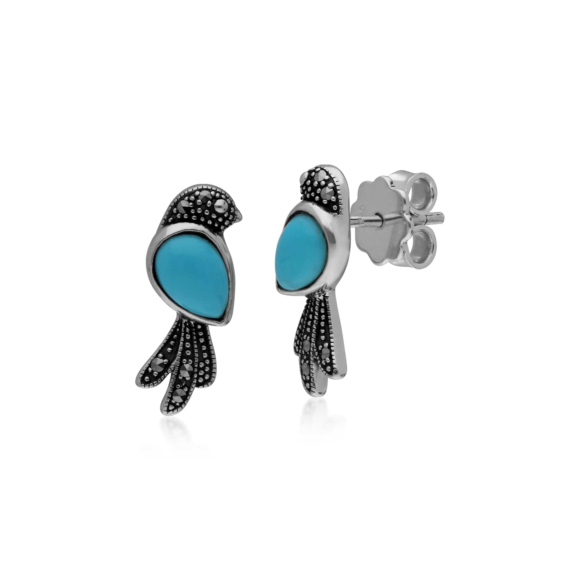 Classic Pear Turquoise & Marcasite Bird Stud Earrings in 925 Sterling Silver - Gemondo