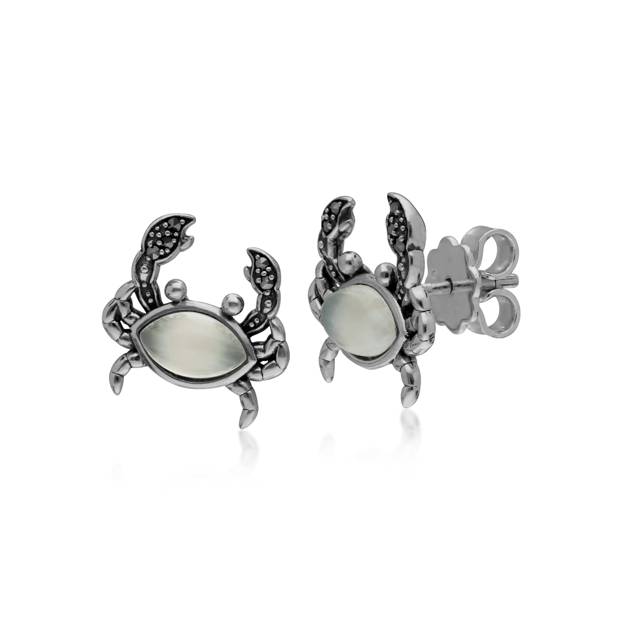 Classic Marquise Moonstone & Marcasite Crab Stud Earrings in 925 Sterling Silver - Gemondo