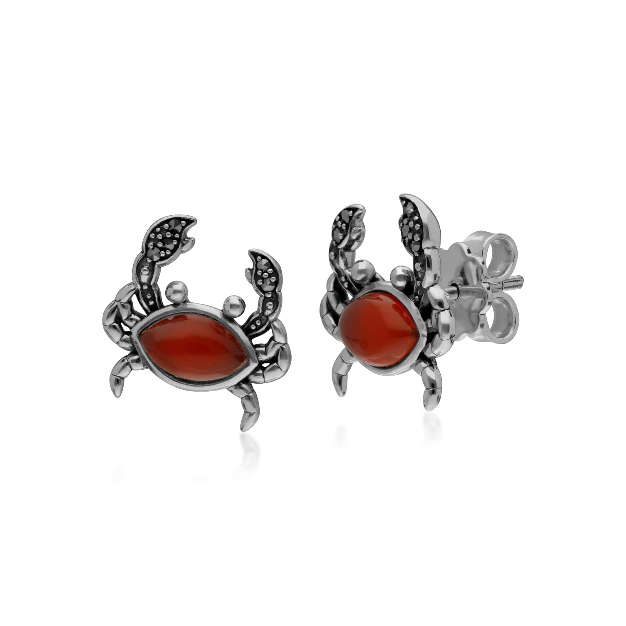 Red Dyed Carnelian & Marcasite Crab Stud Earrings In 925 Sterling Silver - Gemondo