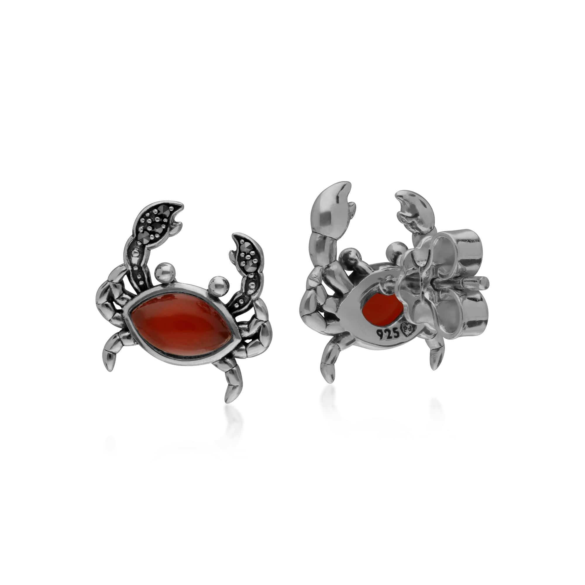 Red Dyed Carnelian & Marcasite Crab Stud Earrings In 925 Sterling Silver - Gemondo
