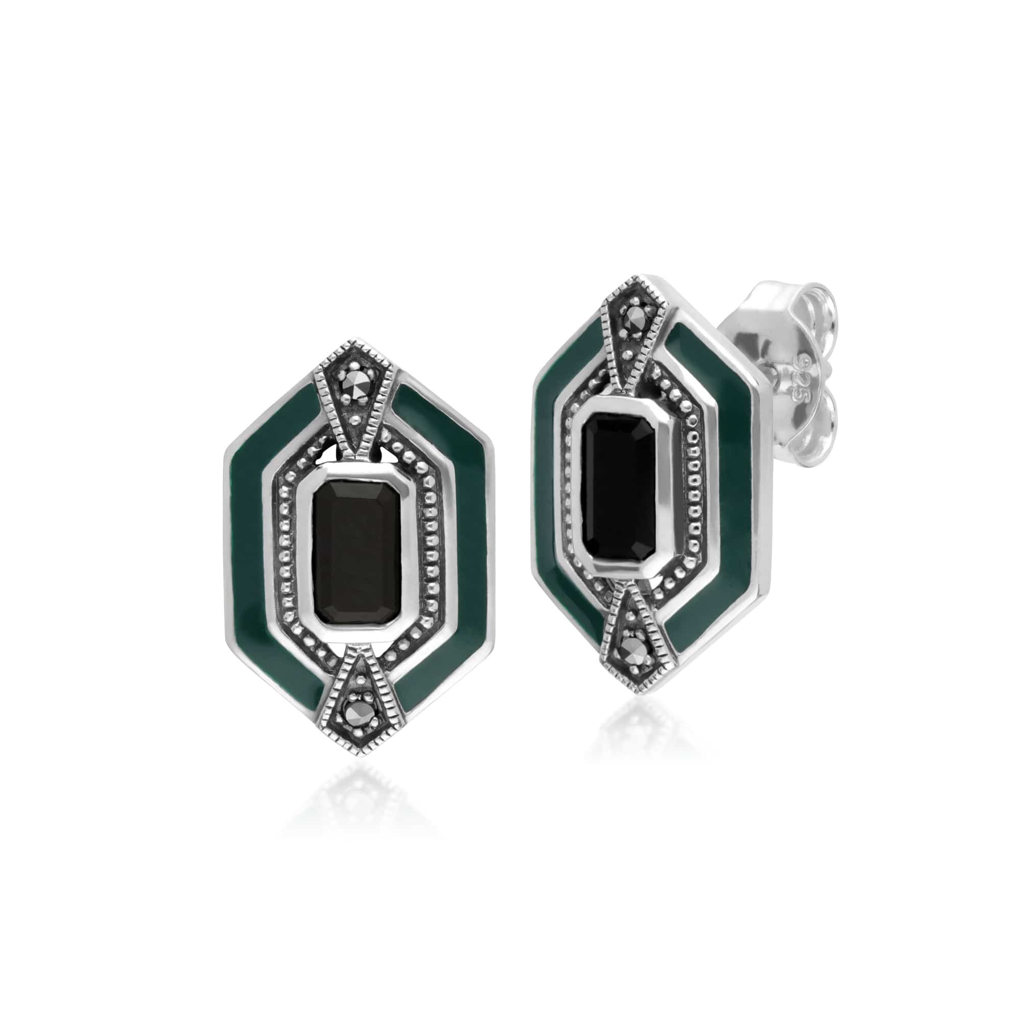 214E868104925-214R602604925 Art Deco Style Black Onyx, Marcasite & Green Enamel Hexagon Stud Earrings & Ring Set in 925 Sterling Silver 2