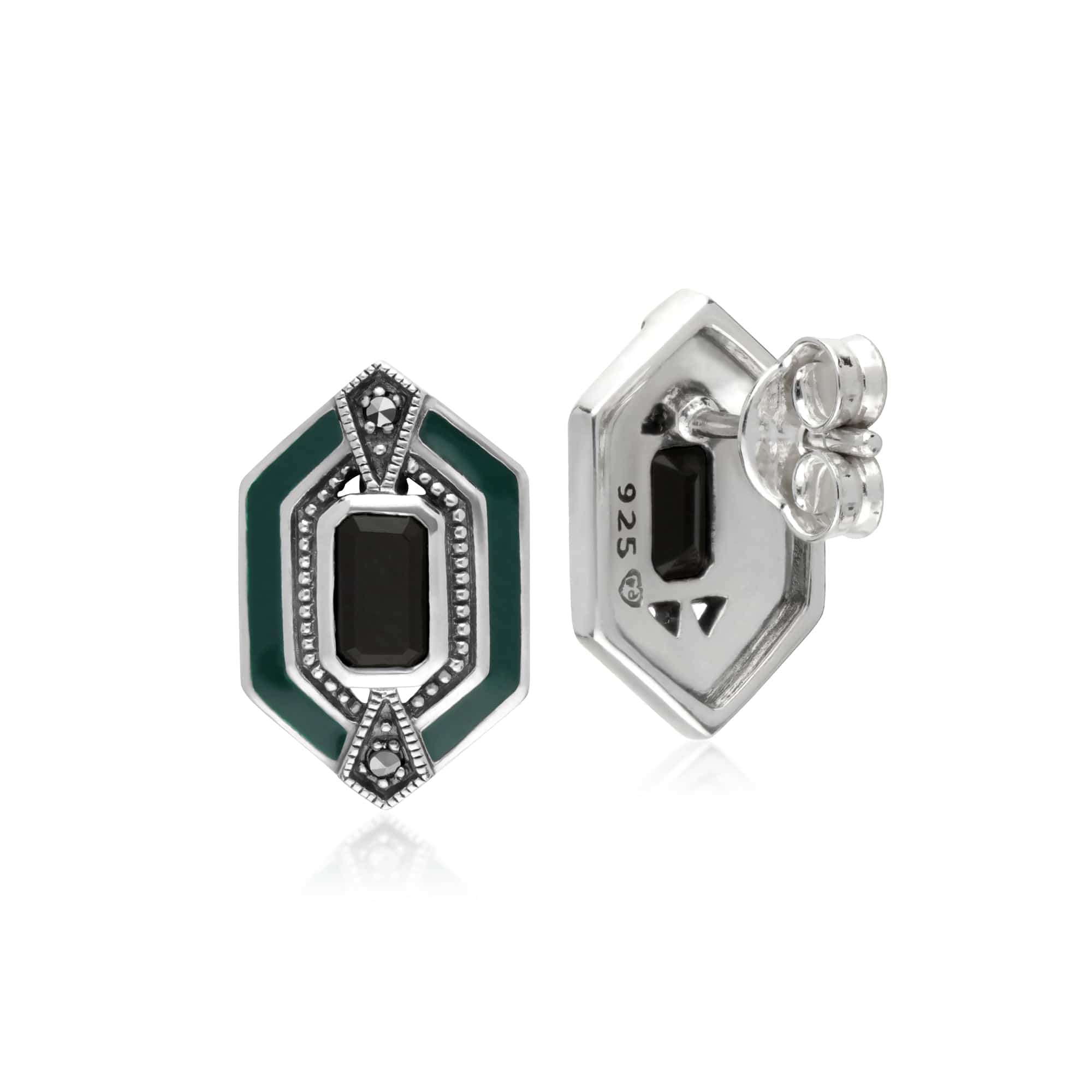 Art Deco Style Octagon Onyx, Marcasite & Enamel Hexagon Stud Earrings in 925 Sterling Silver - Gemondo