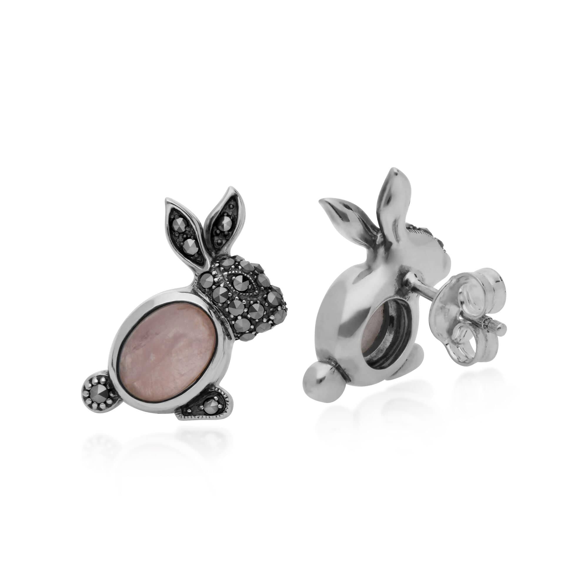 Gemondo Sterling Silver Rose Quartz & Marcasite Rabbit Stud Earrings - Gemondo