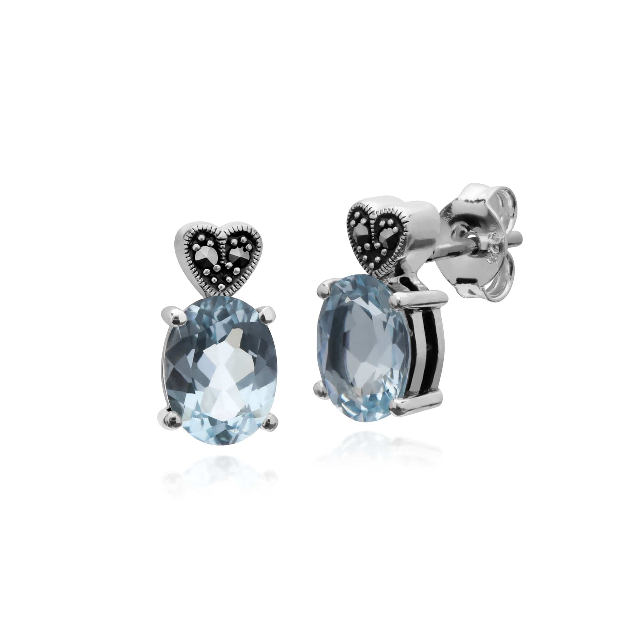 Gemondo Sterling Silver Blue Topaz & Marcasite Oval Stud Earrings - Gemondo