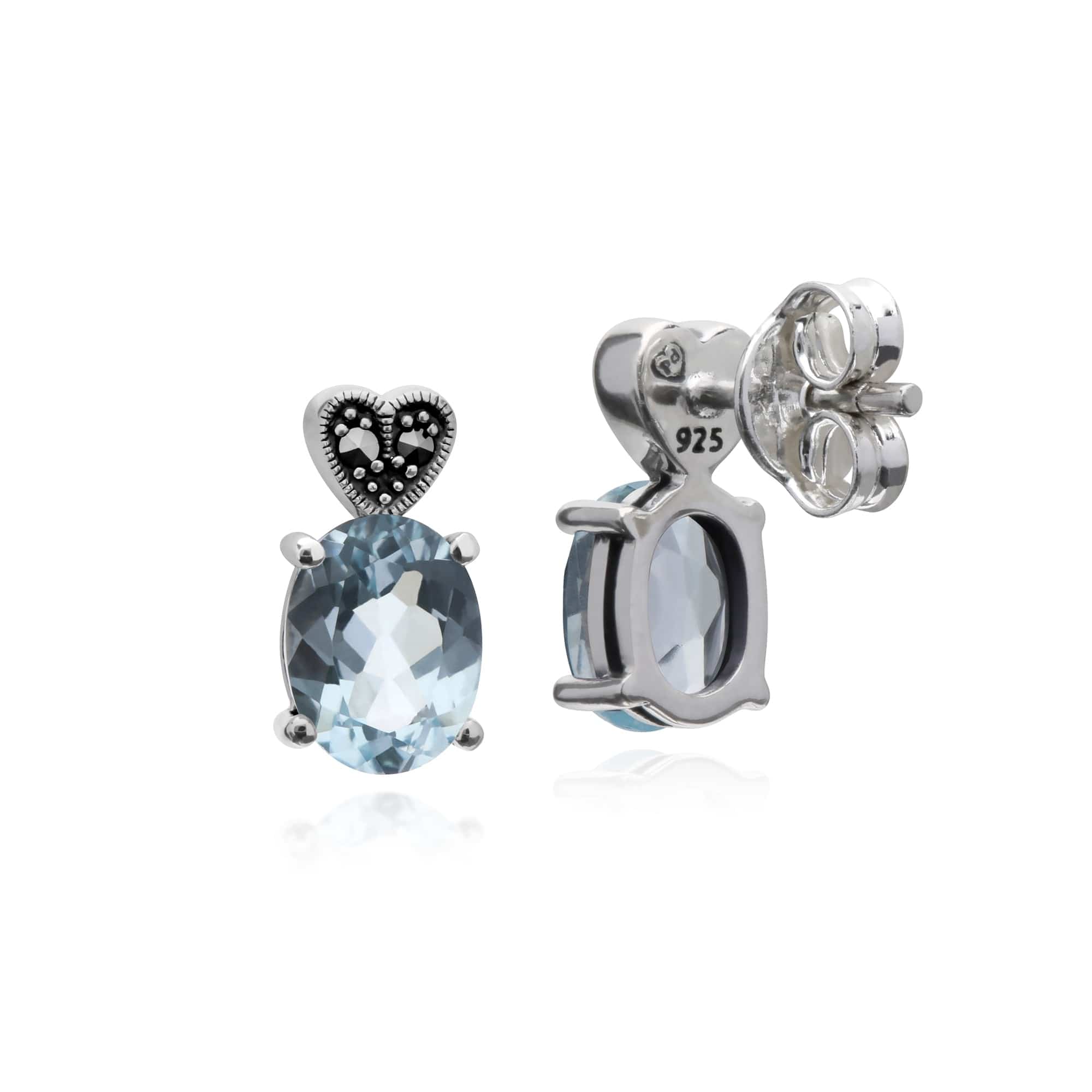 Gemondo Sterling Silver Blue Topaz & Marcasite Oval Stud Earrings - Gemondo