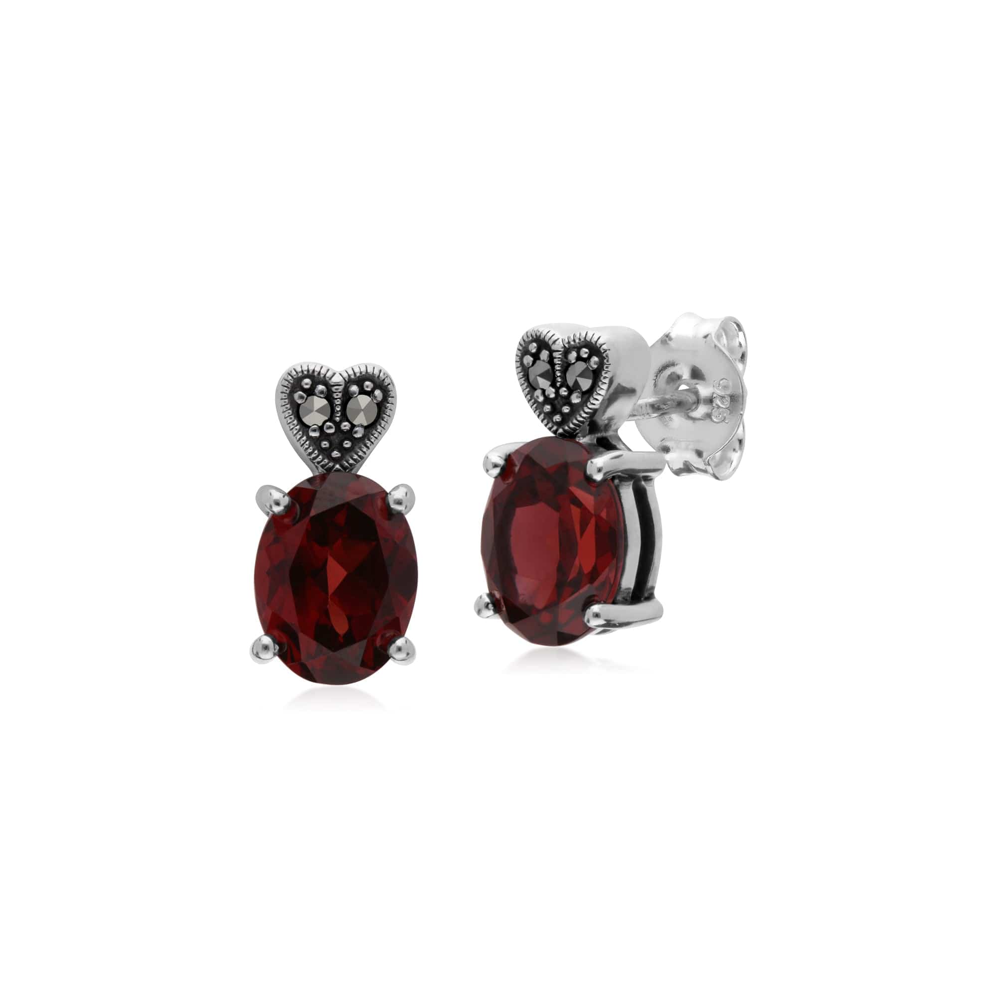 Gemondo Sterling Silver Garnet & Marcasite Oval Stud Earrings - Gemondo