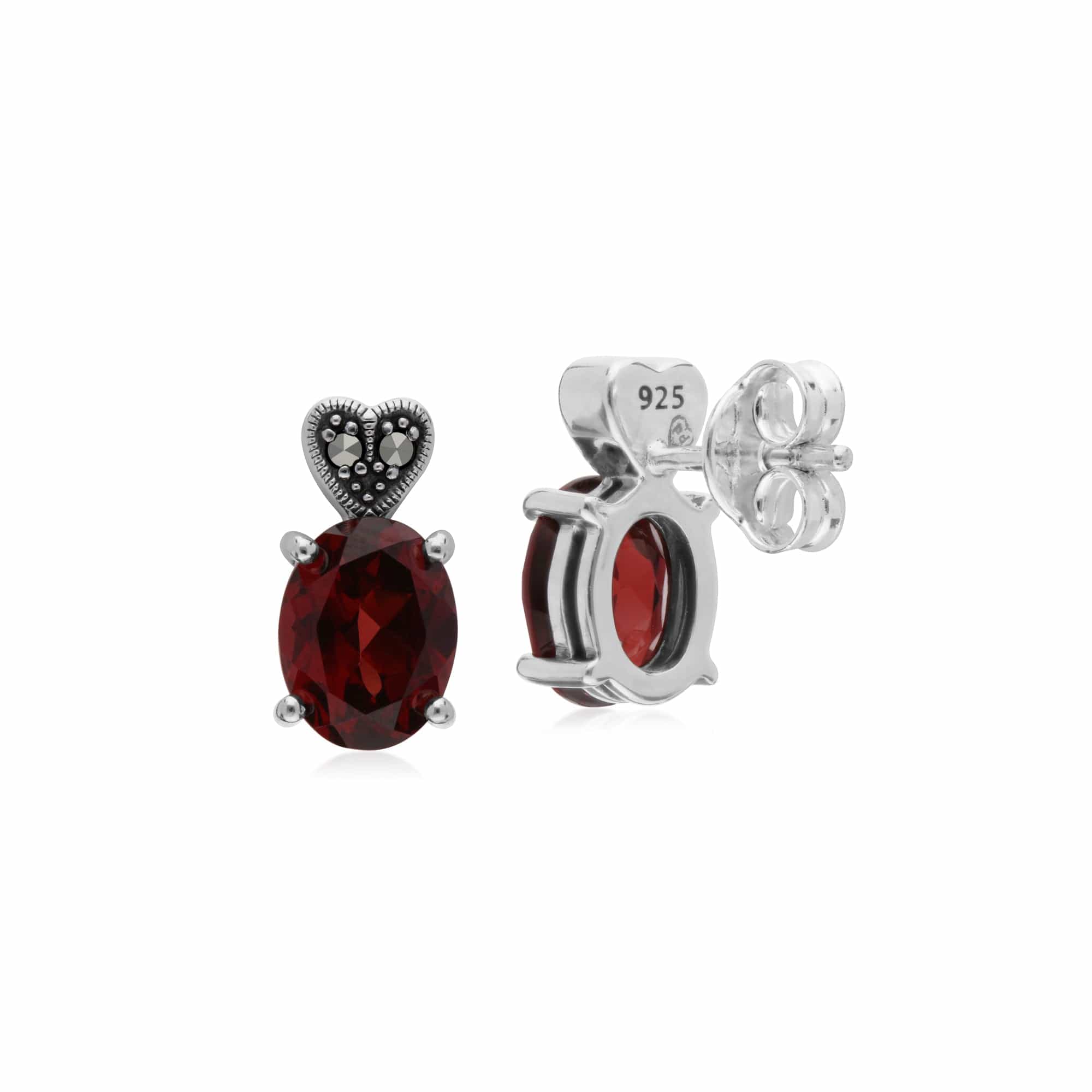 Gemondo Sterling Silver Garnet & Marcasite Oval Stud Earrings - Gemondo