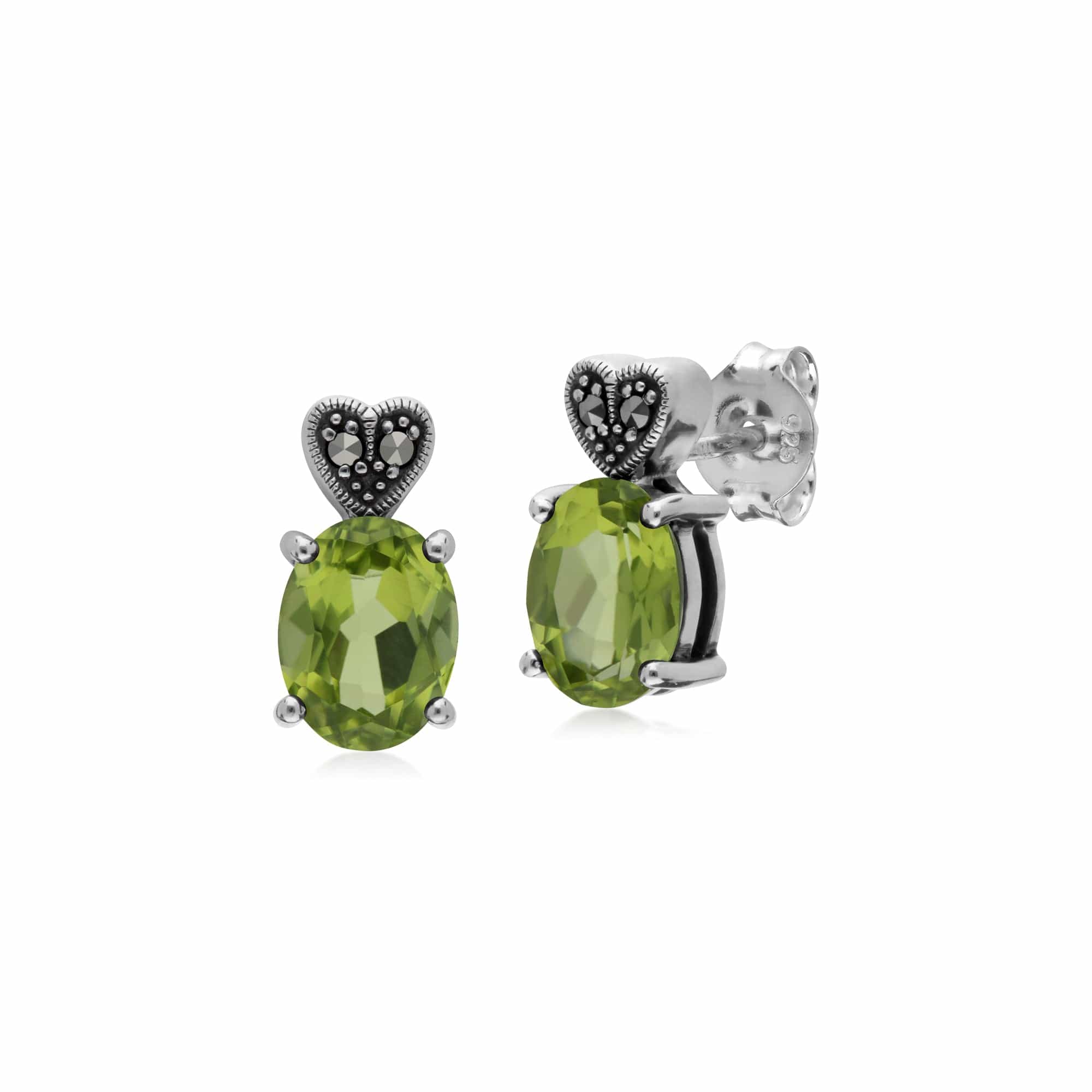 Gemondo Sterling Silver Peridot & Marcasite Oval Stud Earrings - Gemondo