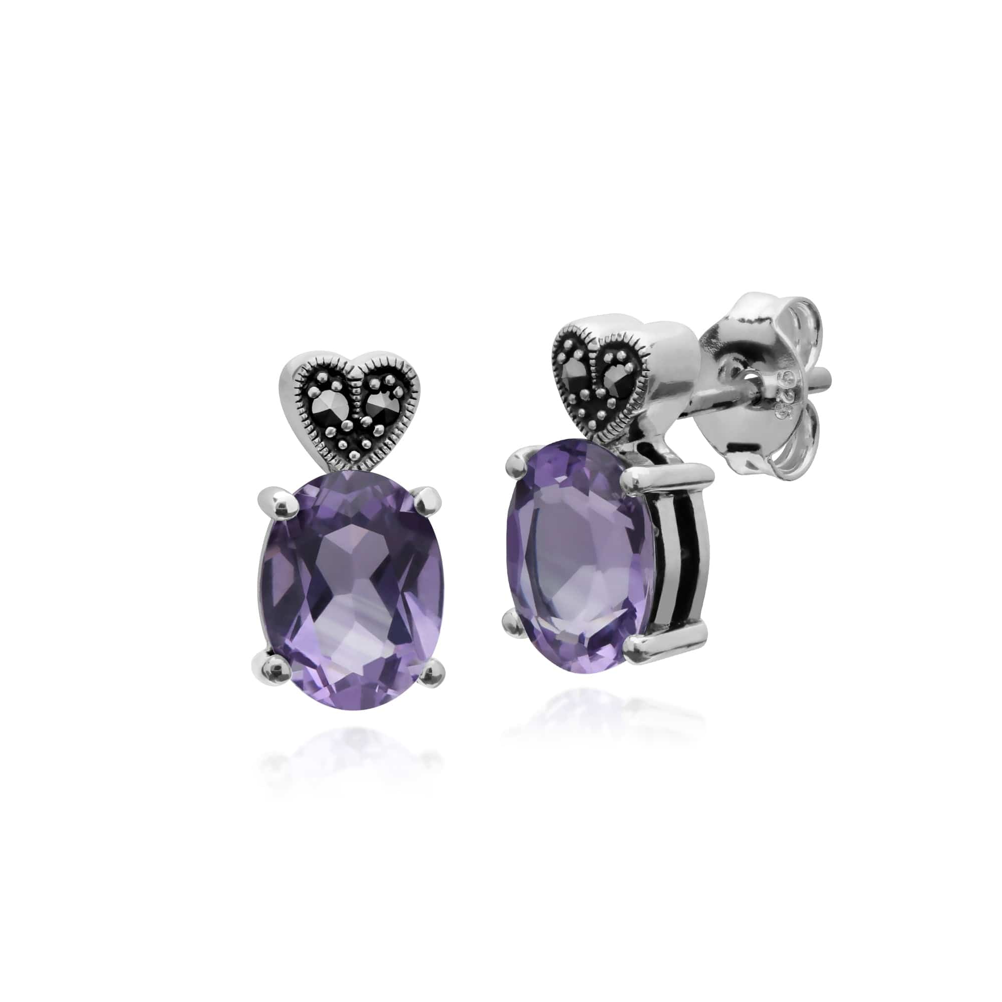 Gemondo Sterling Silver Amethyst & Marcasite Oval Stud Earrings - Gemondo