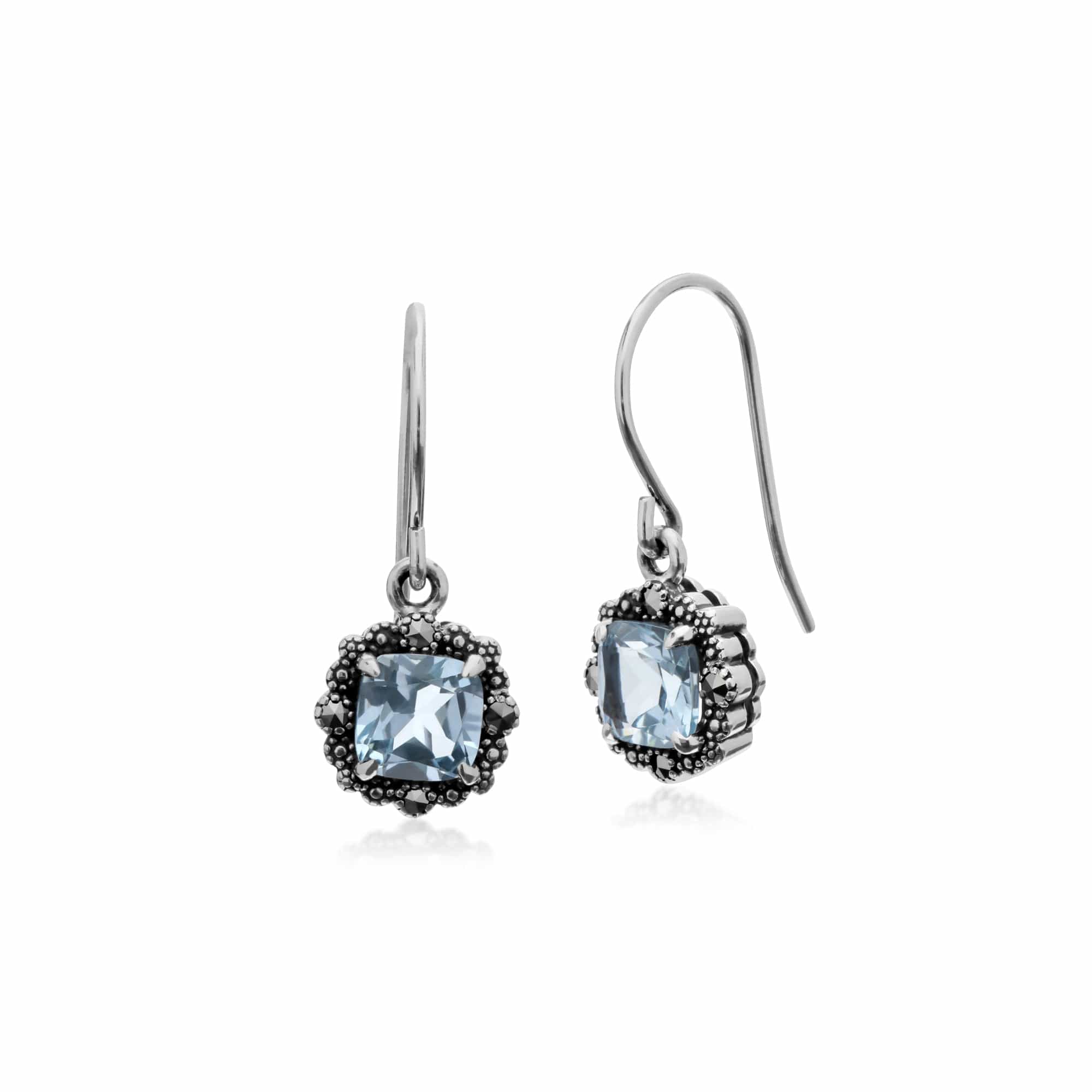 Art Deco Style Square Cushion Blue Topaz & Marcasite Drop Earrings in 925 Sterling Silver - Gemondo