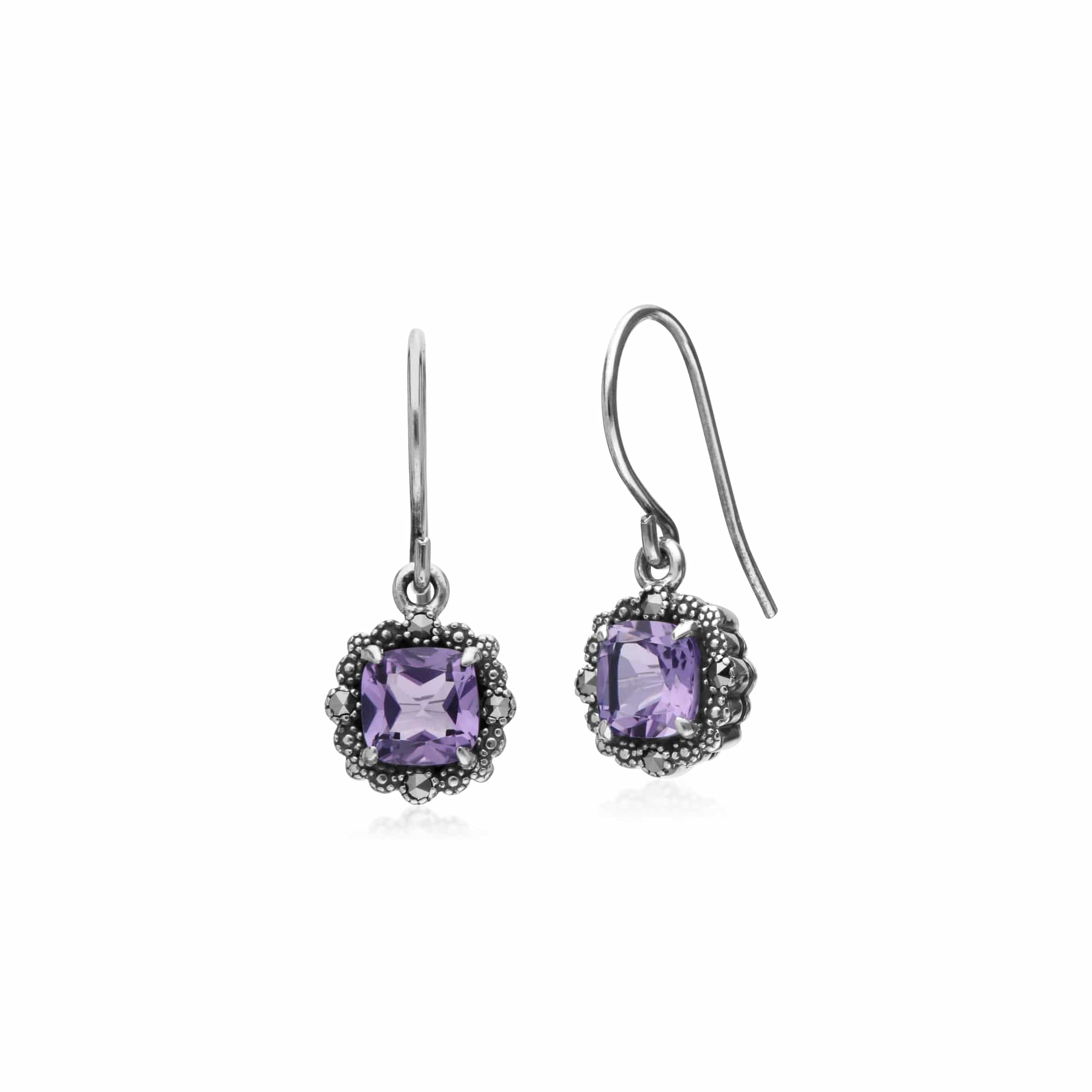 Art Deco Style Square Cushion Amethyst & Marcasite Drop Earrings in 925 Sterling Silver - Gemondo