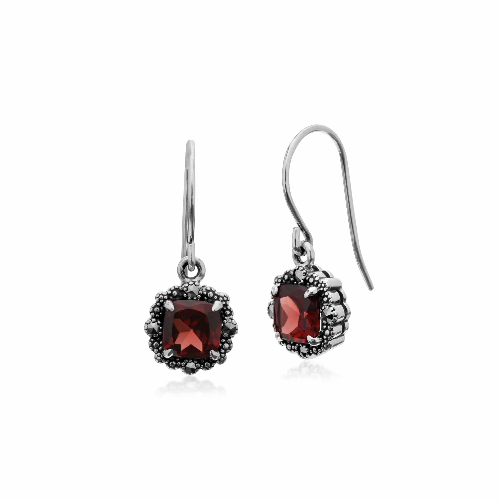 214E870903925 Art Deco Style Square Cushion Garnet & Marcasite Drop Earrings in 925 Sterling Silver 1