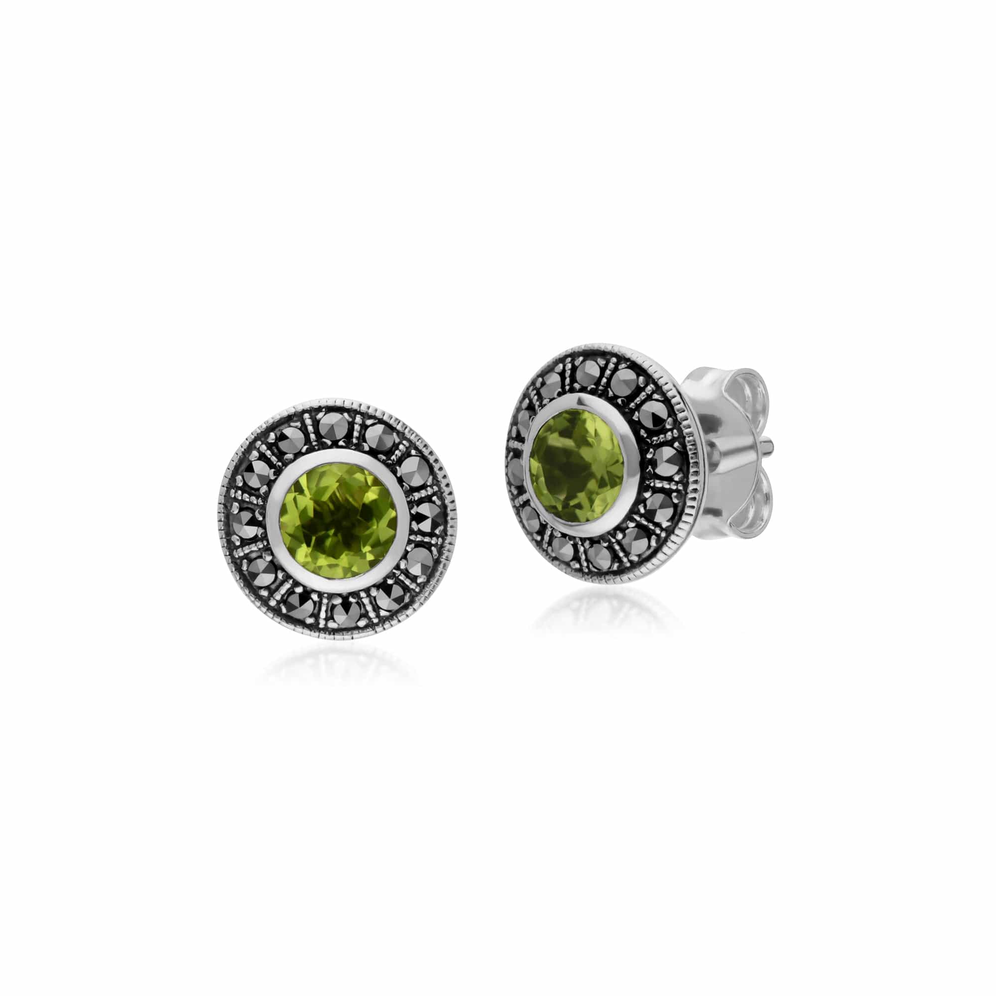 214E872704925 Gemondo Sterling Silver Round Peridot and Marcasite Cluster Stud Earrings 1
