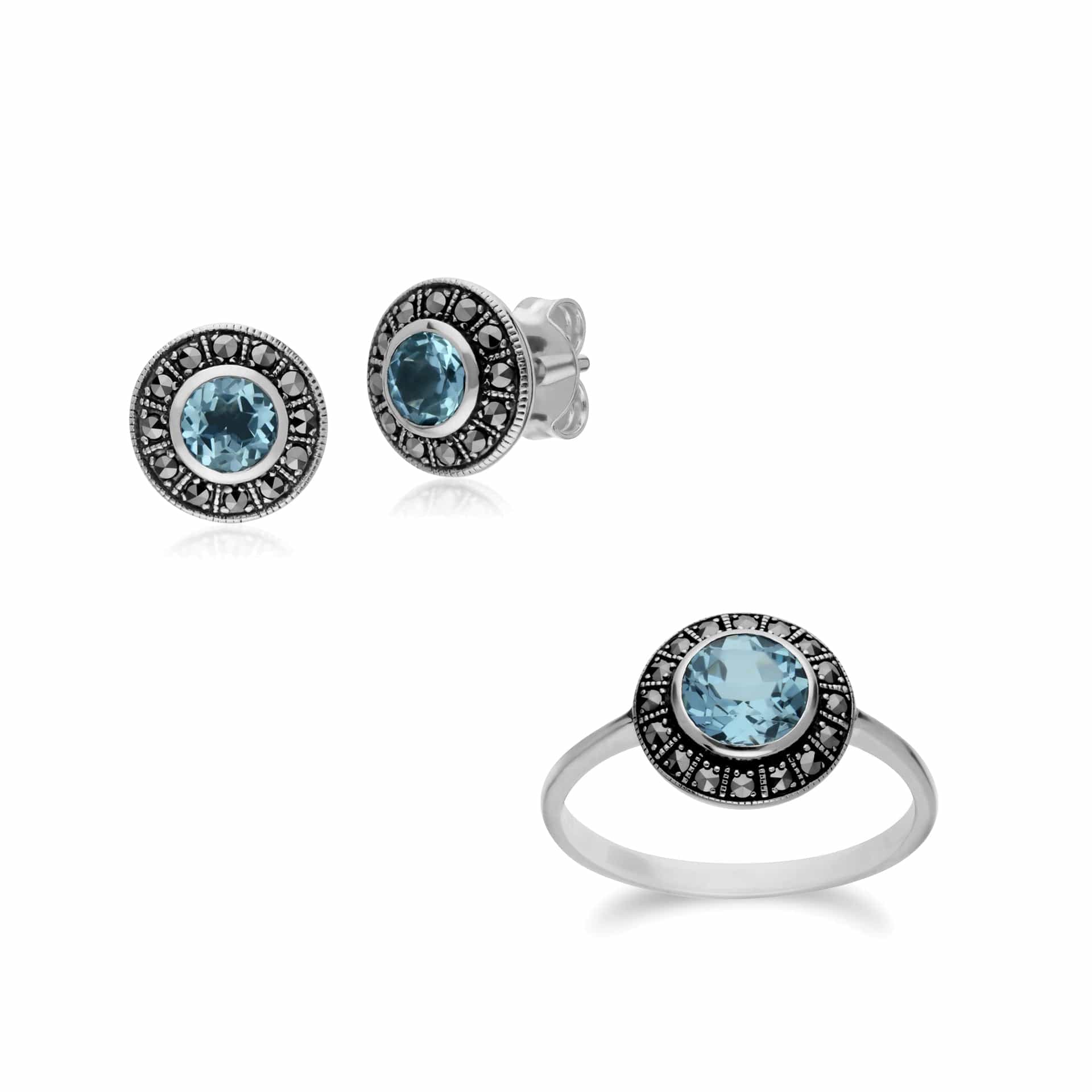 214E872702925-214R605701925 Art Deco Style Oval Blue Topaz and Marcasite Cluster Stud Earrings & Ring Set in 925 Sterling Silver 1