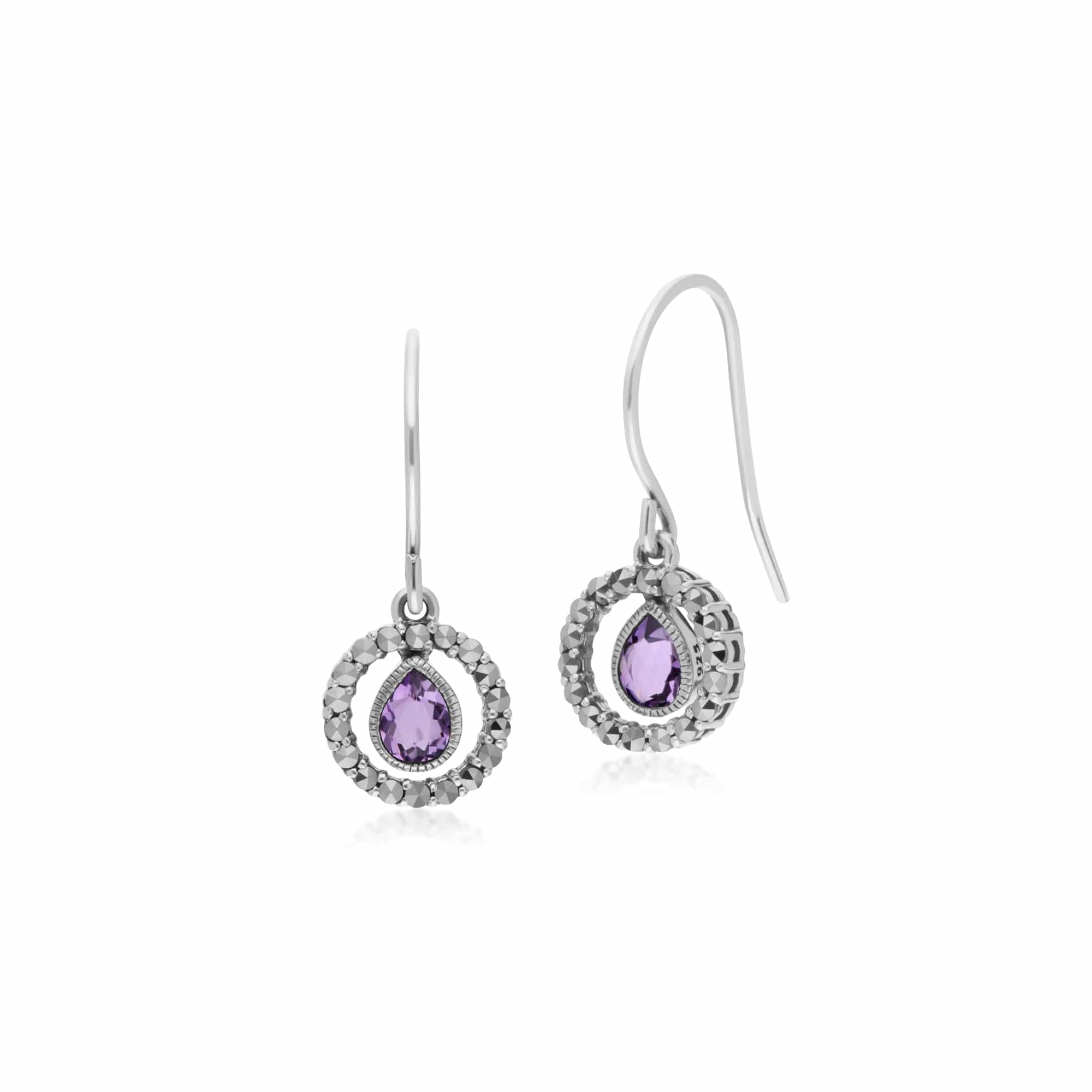 214E872805925-214P303204925 Classic Tear Drop Amethyst & Marcasite Drop Earrings & 45cm Necklace Set 2