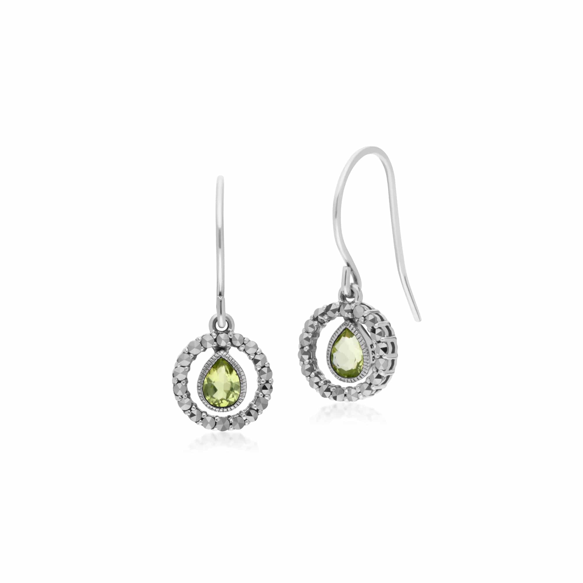 Classic Pear Peridot & Marcasite Round Halo Drop Earrings in Sterling Silver - Gemondo