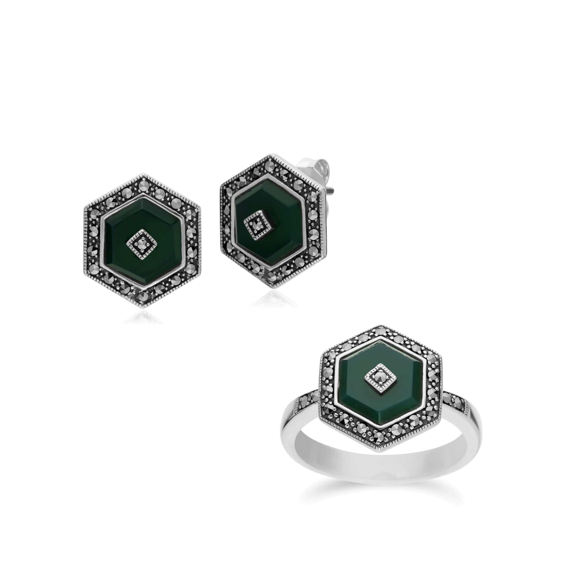 Art Deco Chalcedony Hexagon Studs & Ring Image 1