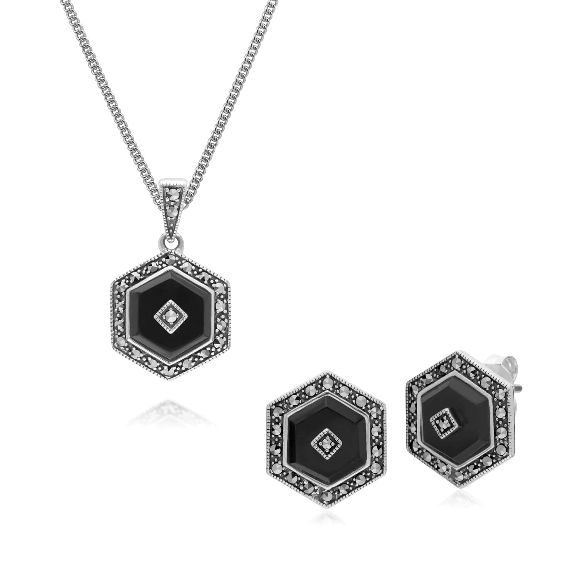 Art Deco Onyx Hexagon Studs & Pendant Set Image 1