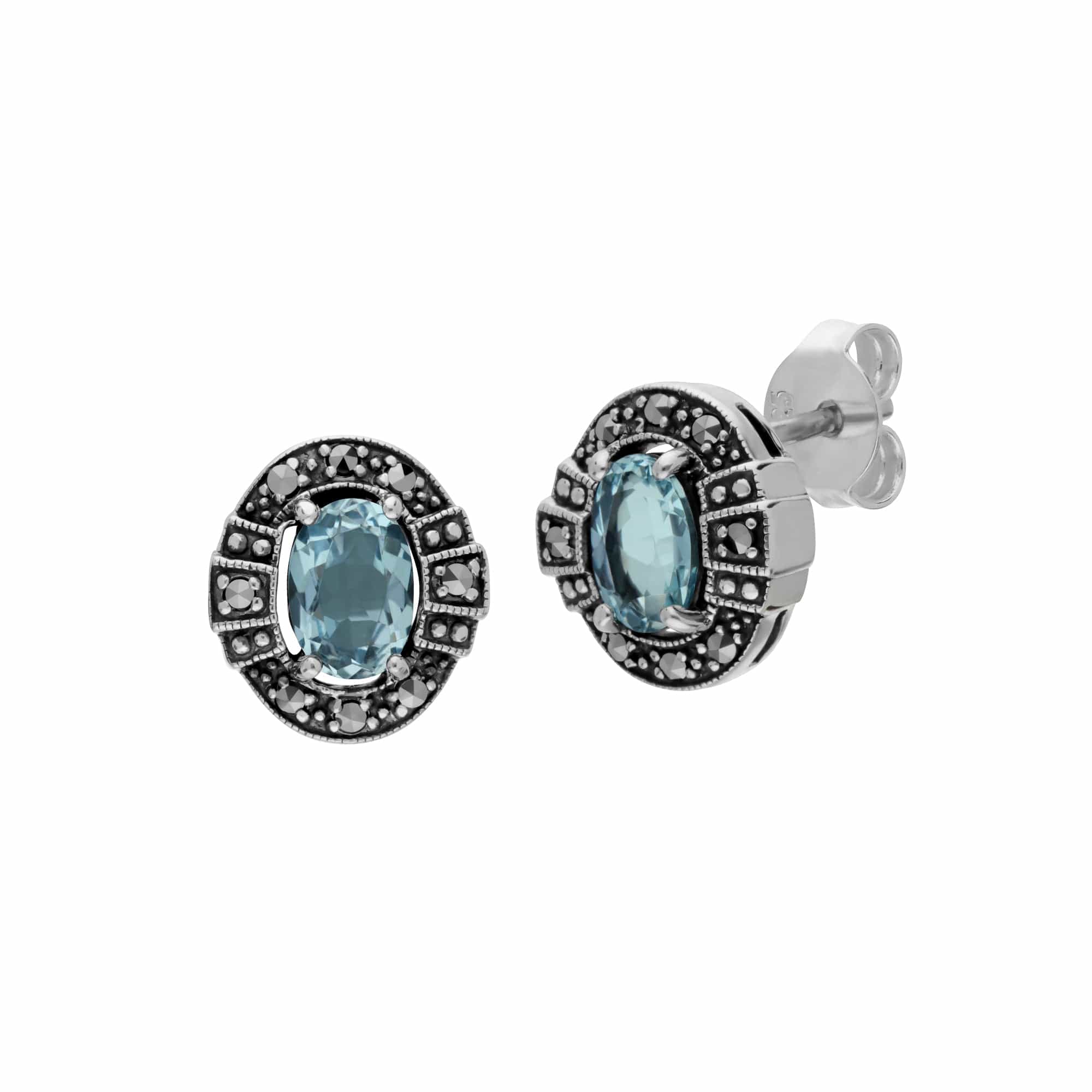 Art Deco Style Oval Blue Topaz & Marcasite Stud Earrings in 925 Sterling Silver - Gemondo