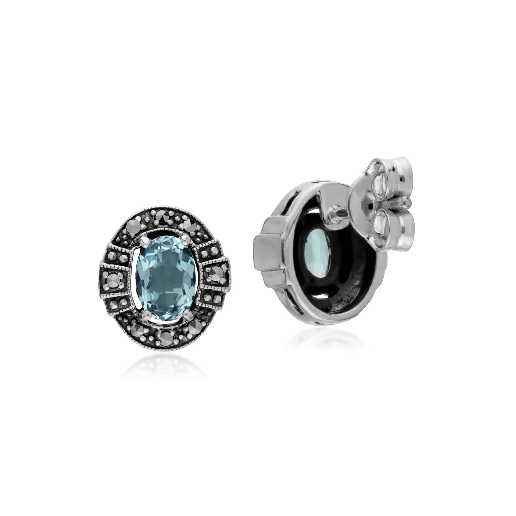 214E873001925 Art Deco Style Oval Blue Topaz & Marcasite Stud Earrings in 925 Sterling Silver 2