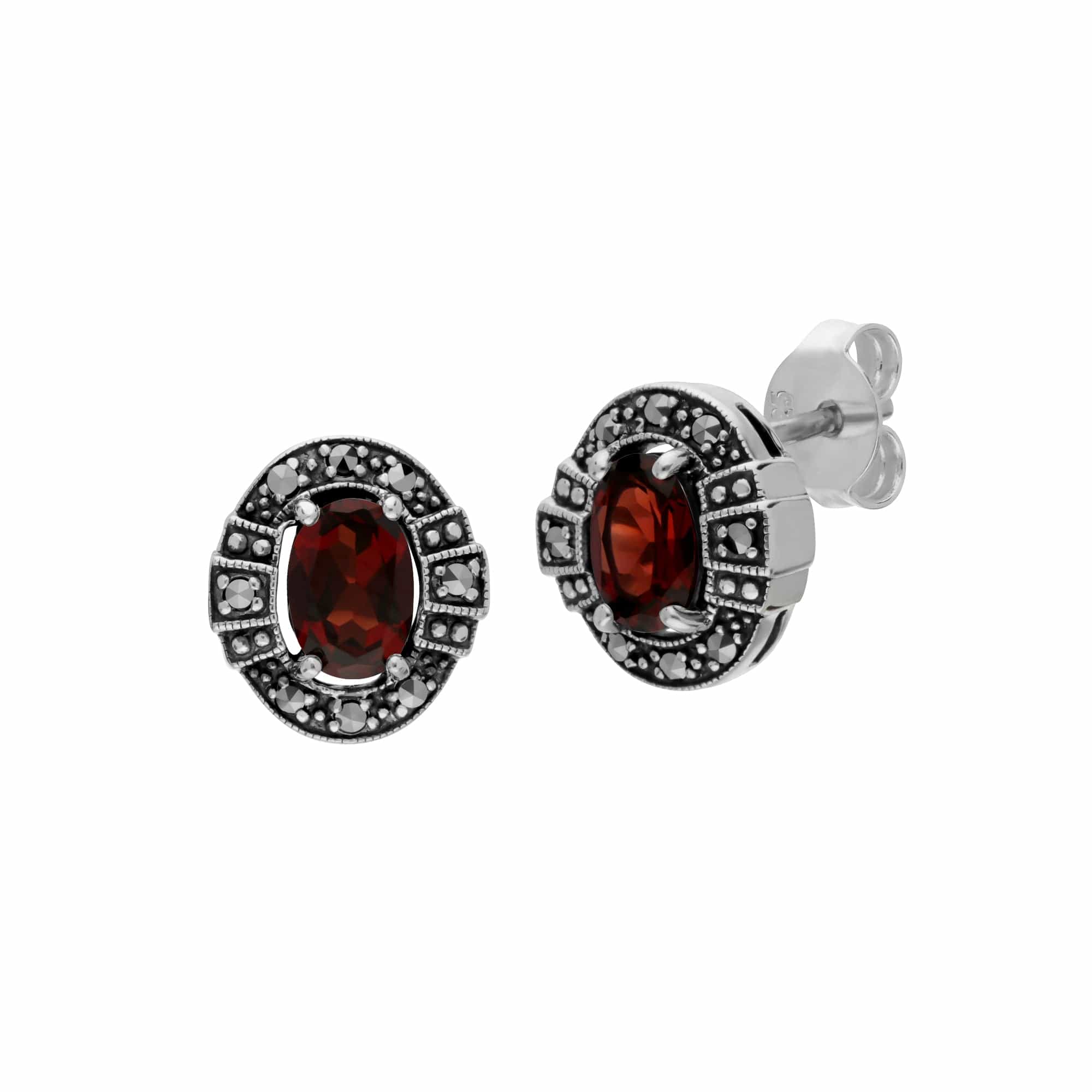 Art Deco Style Oval Garnet & Marcasite Stud Earrings in 925 Sterling Silver - Gemondo