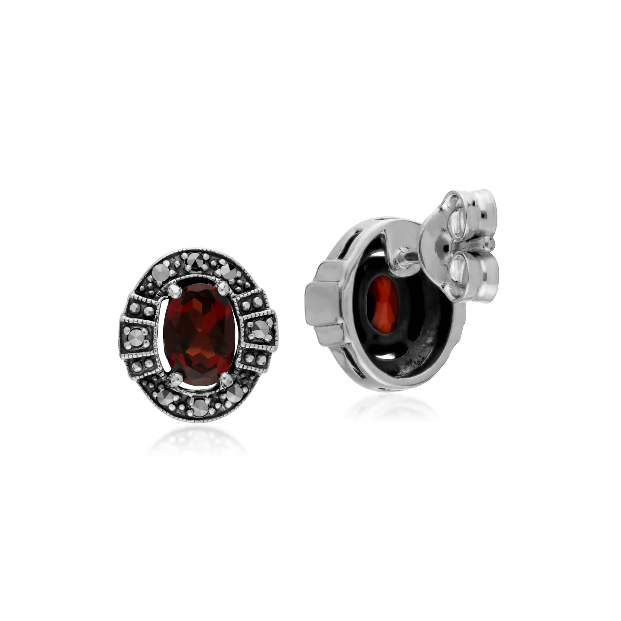 Art Deco Style Oval Garnet & Marcasite Stud Earrings in 925 Sterling Silver - Gemondo