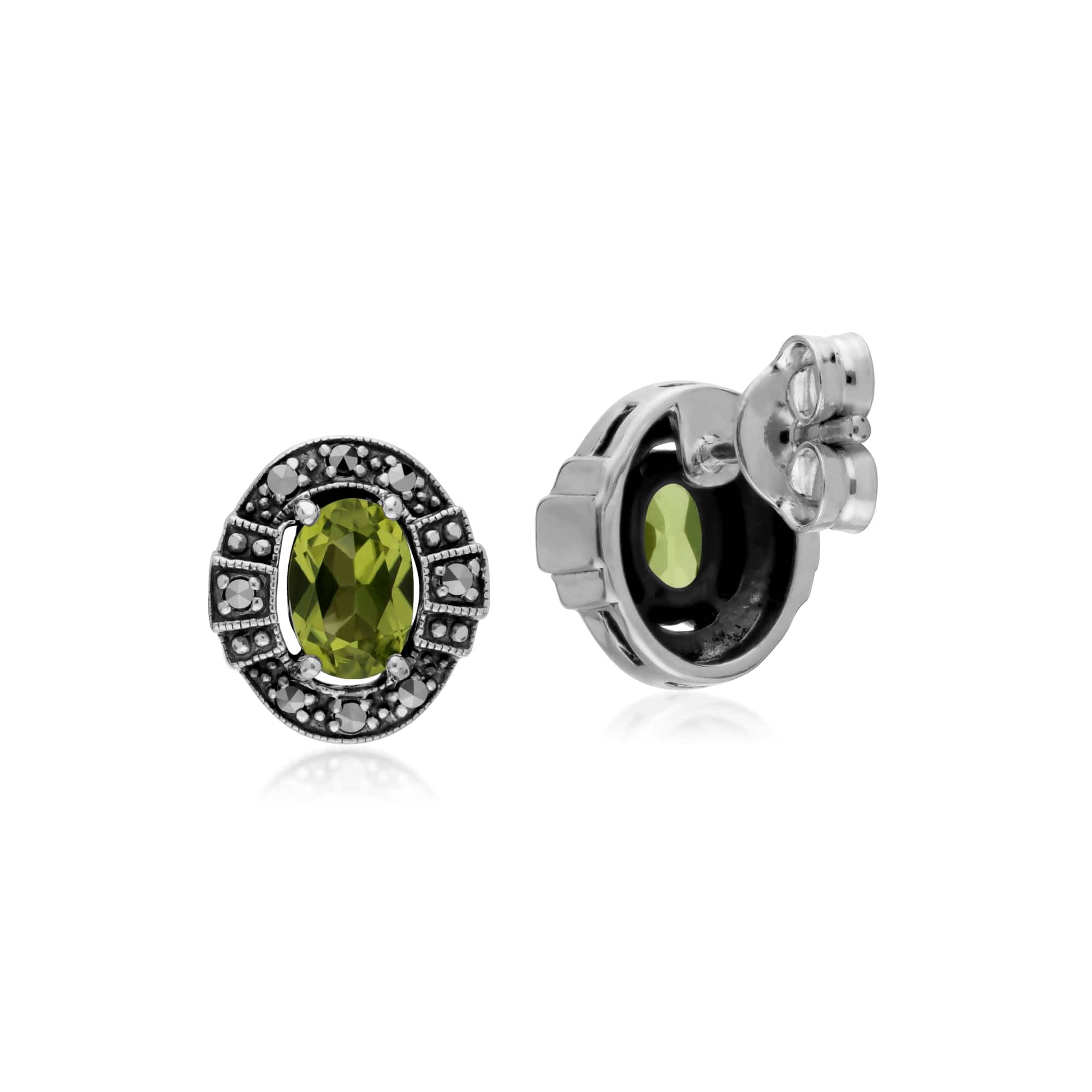 214E873004925 Art Deco Style Oval Peridot & Marcasite Stud Earrings in 925 Sterling Silver 2