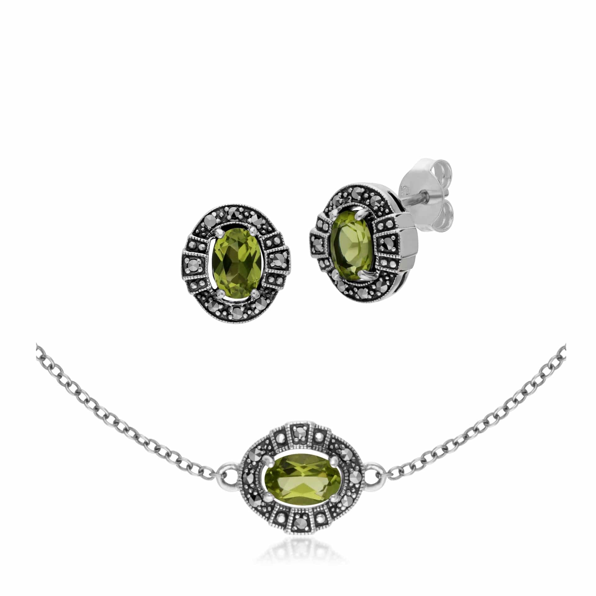 Art Deco Peridot & Marcasite Cluster Studs & Bracelet Set Image 1
