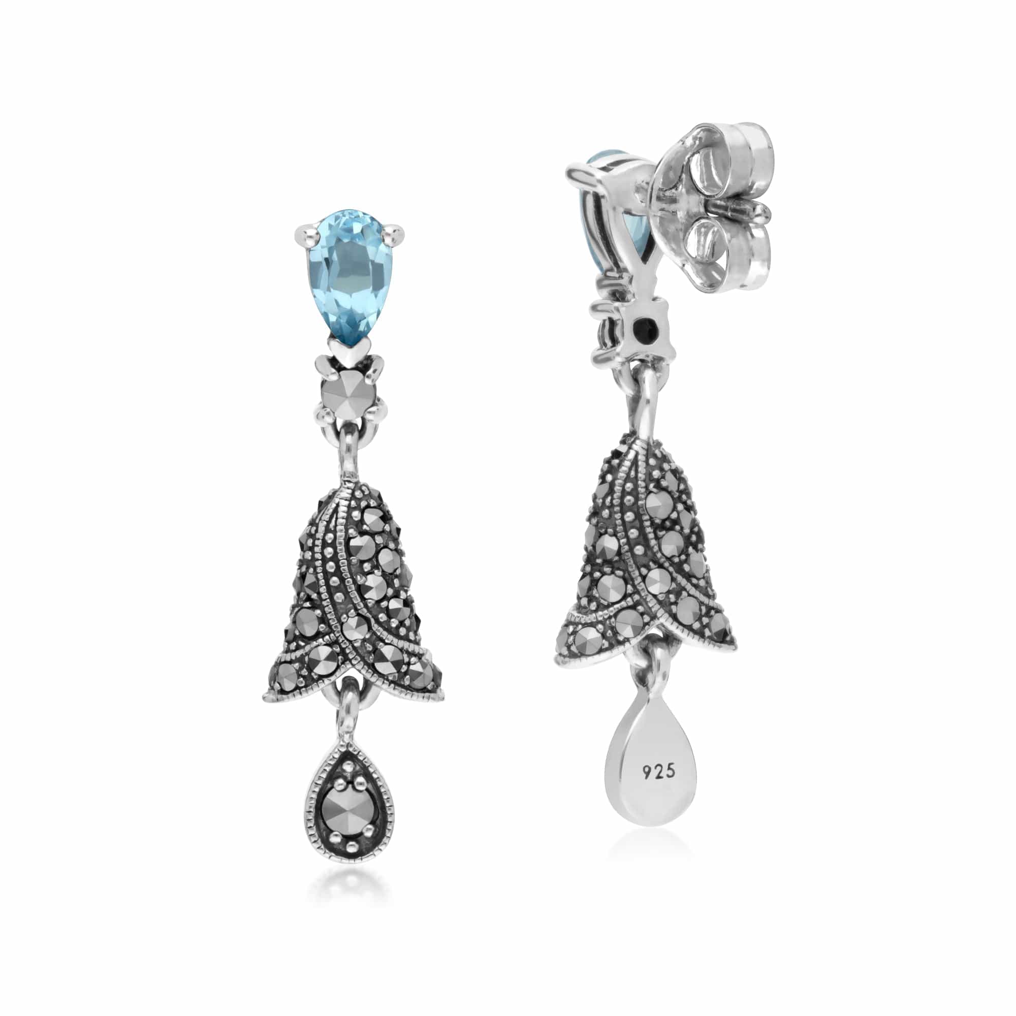 214E873101925 Art Nouveau Style Blue Topaz and Marcasite Bell Drop Earrings in 925 Silver 2