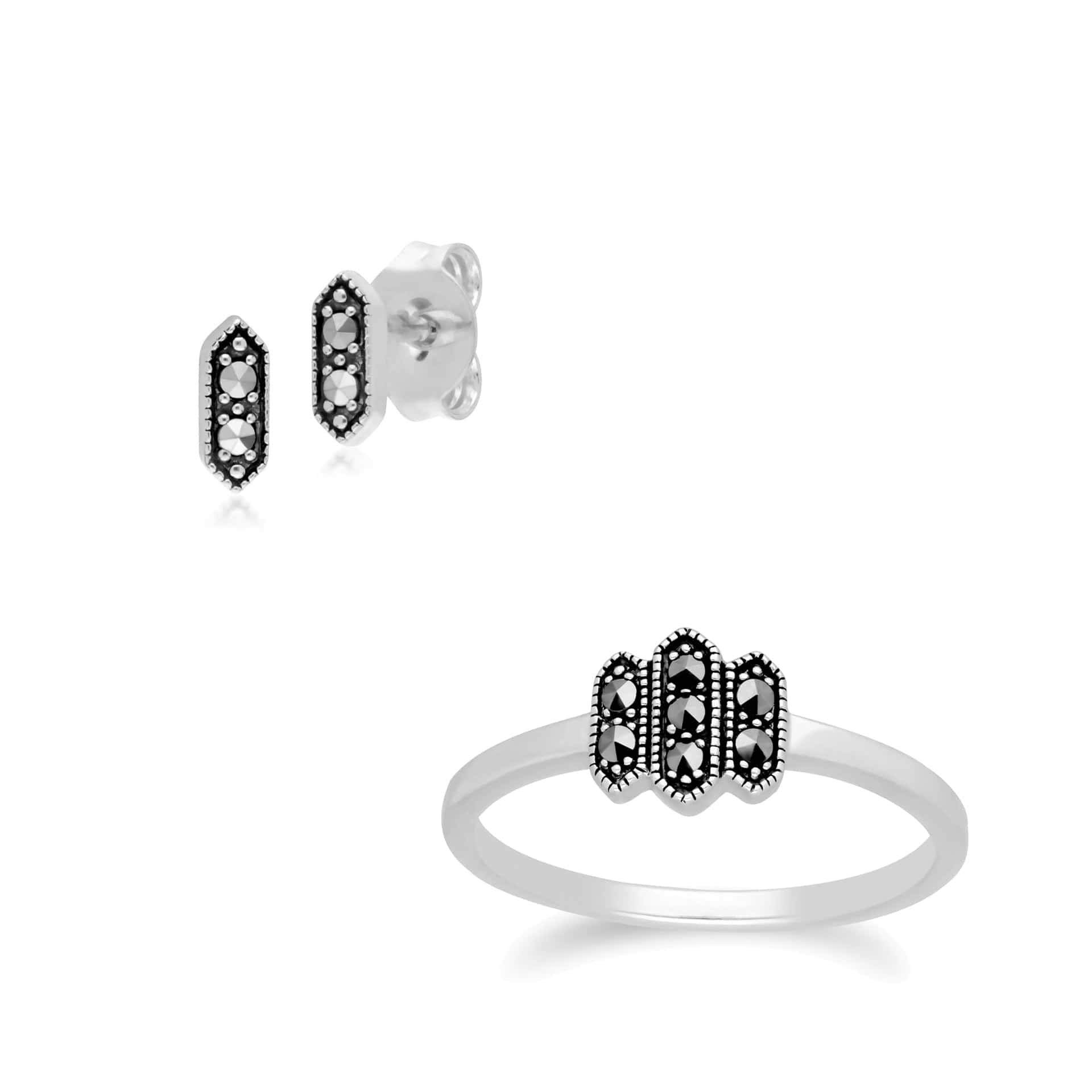 214E873601925-214R605901925 Marcasite Hexagon Stud Earrings & Ring Set in 925 Sterling Silver 1