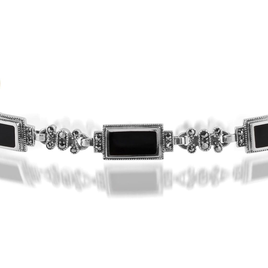 Art Deco Style Rectangle Black Onyx & Marcasite Bracelet - Gemondo