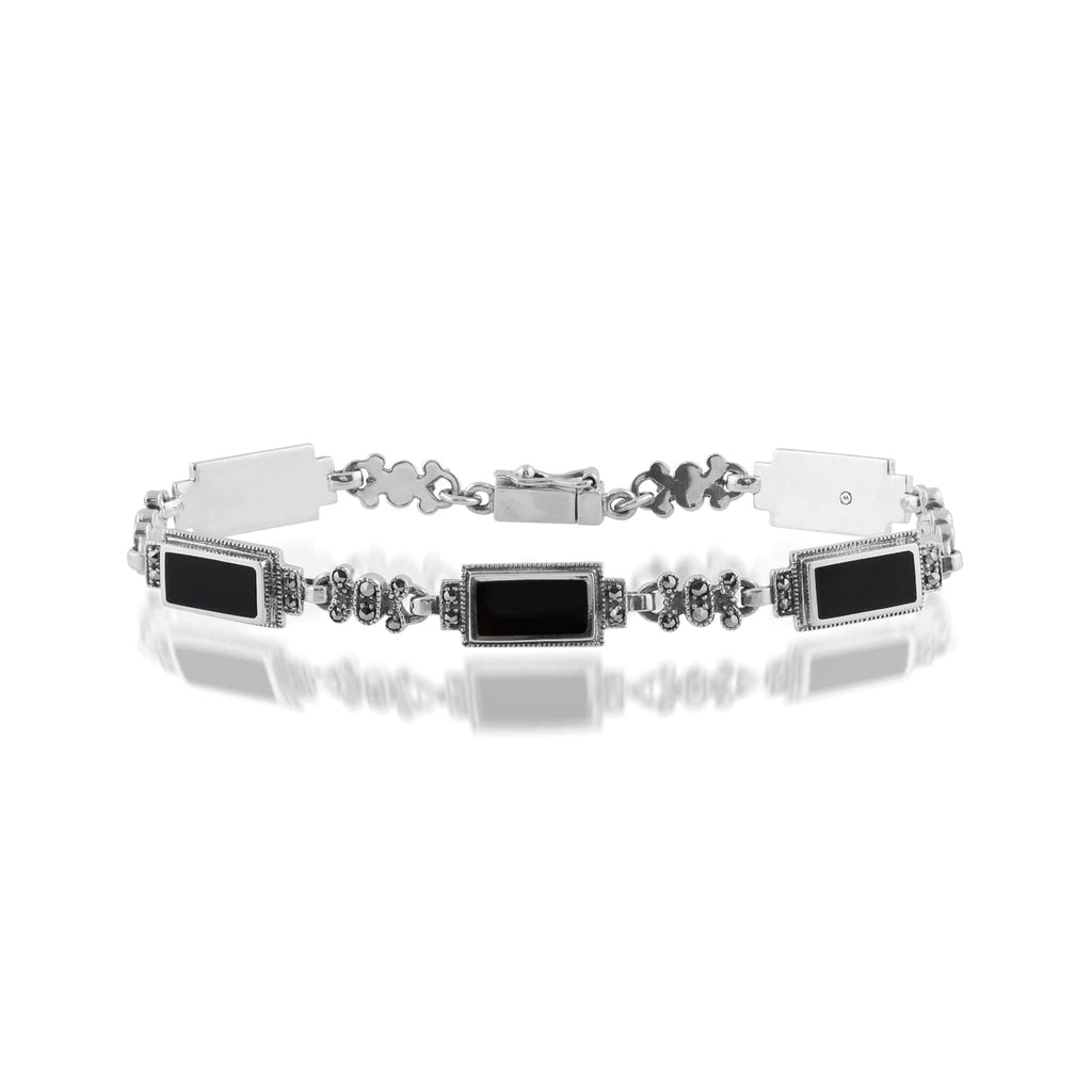 Art Deco Style Rectangle Onyx & Marcasite Bracelet