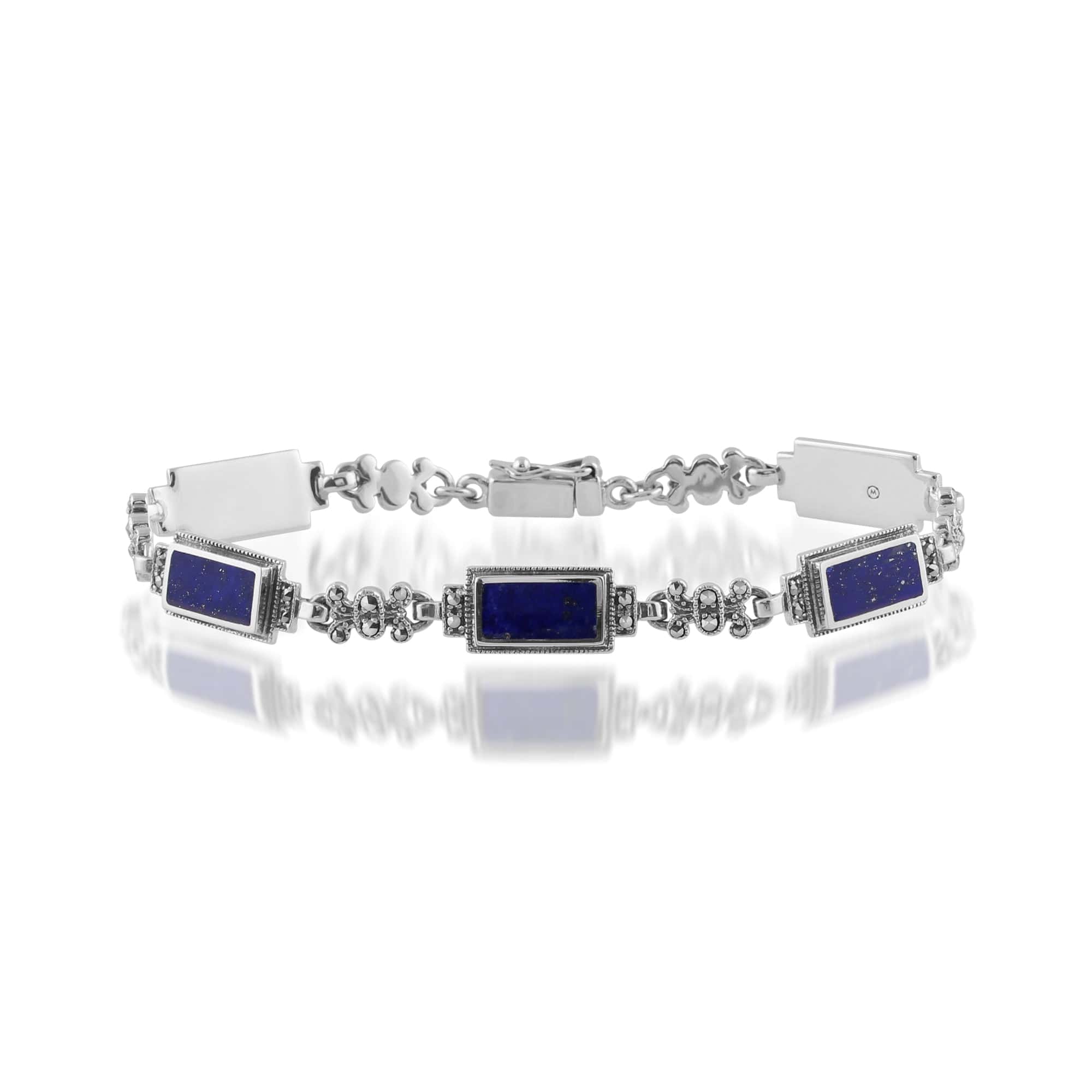 Art Deco Style Rectangle Lapis Lazuli & Marcasite Bracelet - Gemondo