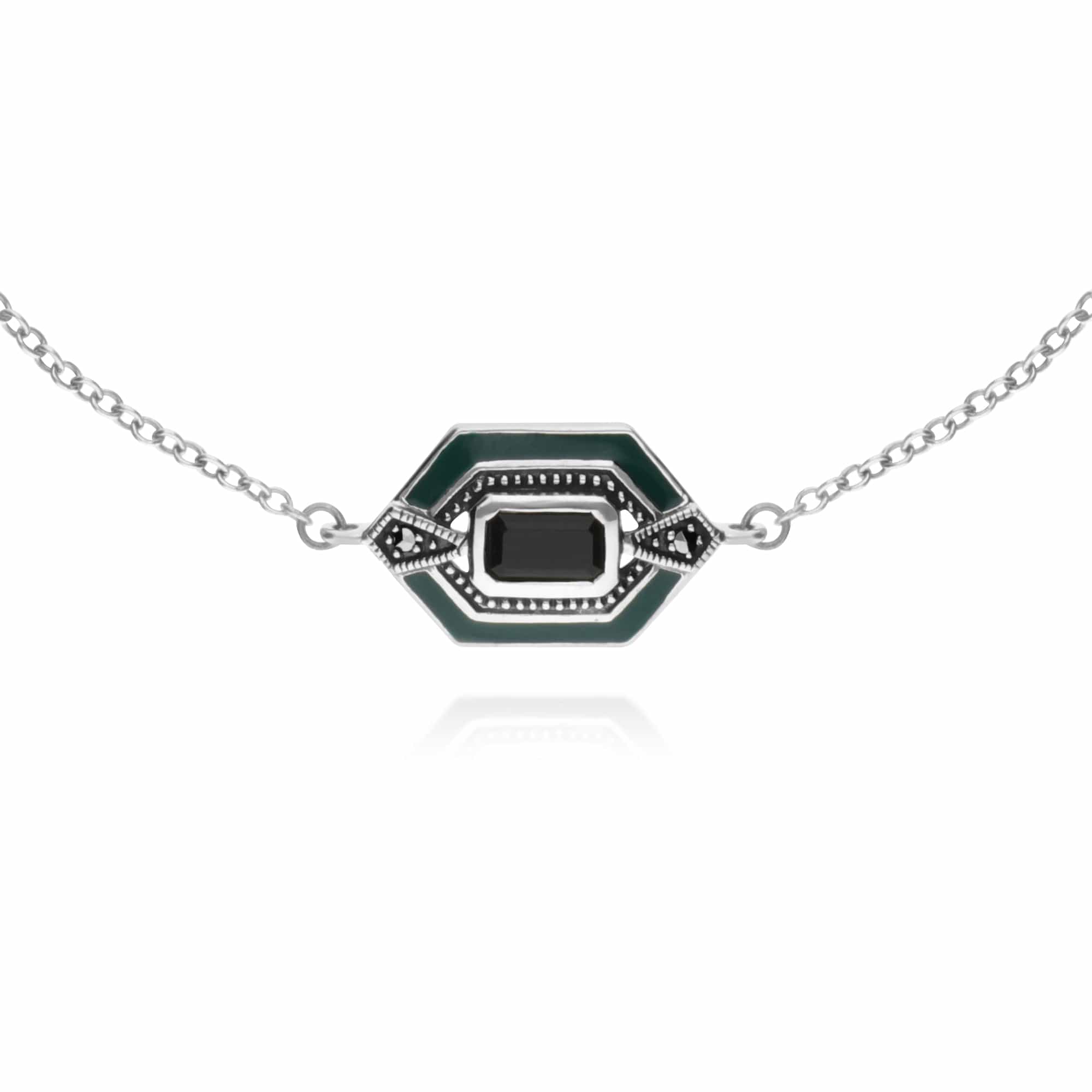 214L164504925 Art Deco Style Octagon Onyx, Marcasite & Green Enamel Hexagon Bracelet 2