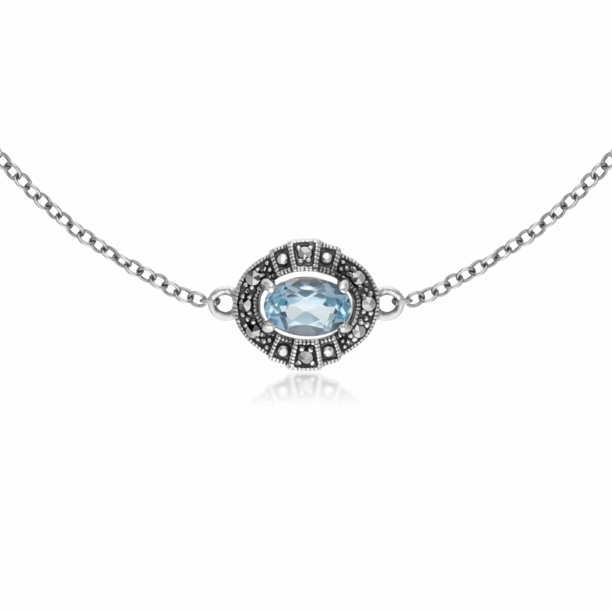 Art Deco Style Oval Blue Topaz & Marcasite Cluster Bracelet in 925 Sterling Silver