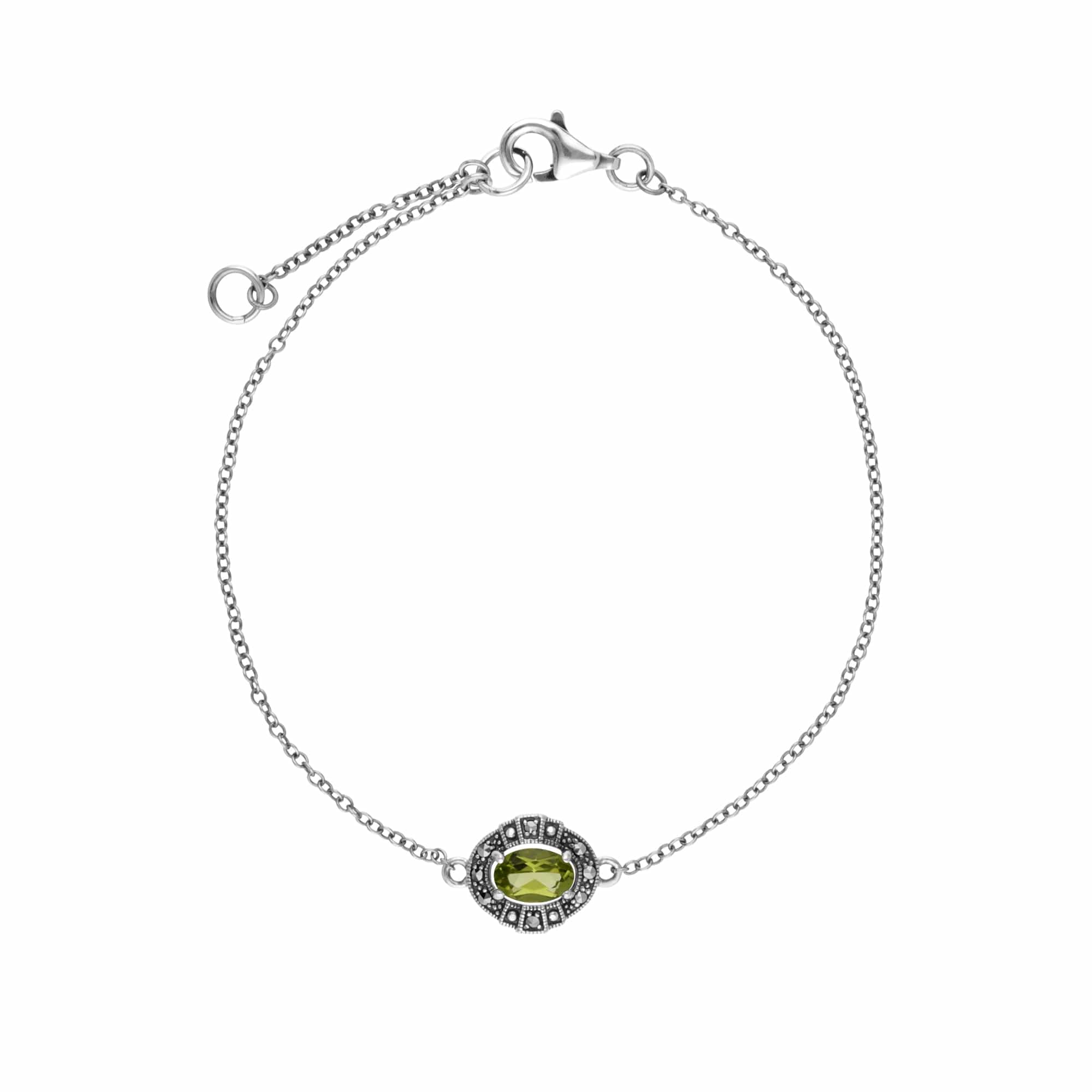 214L165404925 Art Deco Style Oval Peridot & Marcasite Cluster Bracelet in 925 Sterling Silver 2