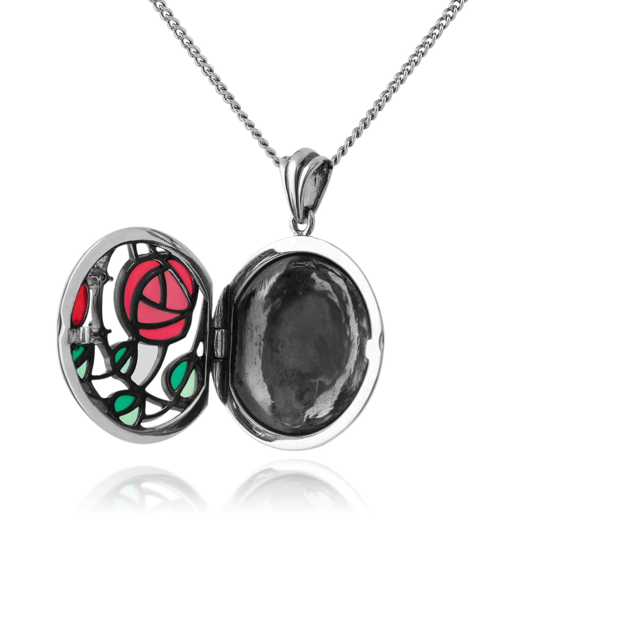 Rennie Mackintosh Round Diamond & Enamel Locket on Chain in 925 Sterling Silver - Gemondo