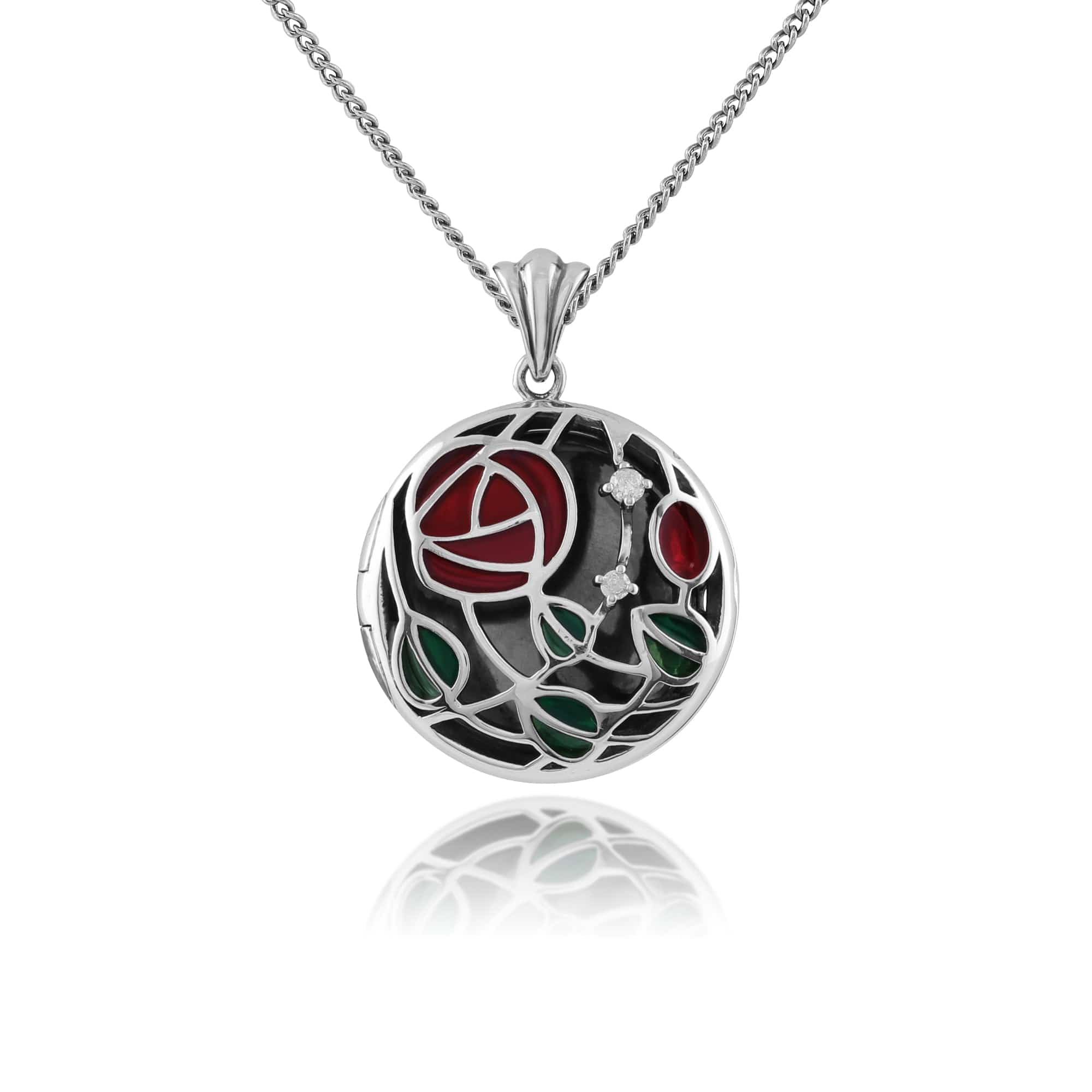 Rennie Mackintosh Round Diamond & Enamel Locket on Chain in 925 Sterling Silver - Gemondo