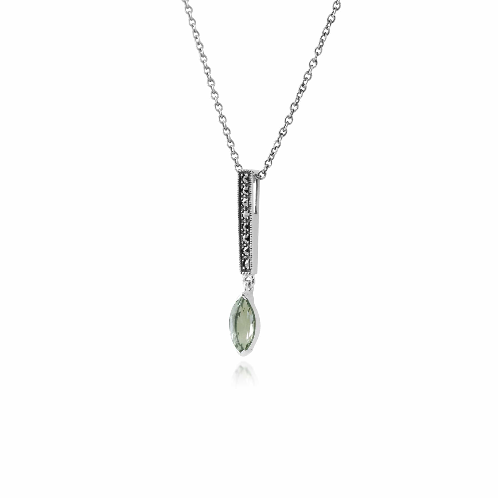Art Deco Style Marquise Mint Green Quartz & Marcasite Bar Pendant in 925 Sterling Silver - Gemondo