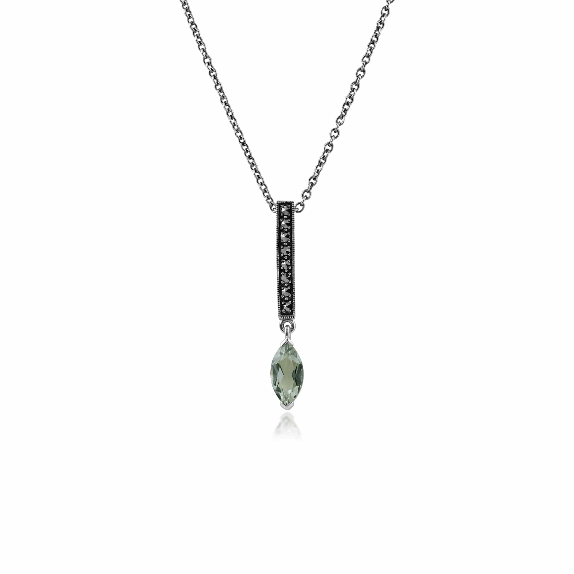 Art Deco Style Marquise Mint Green Quartz & Marcasite Bar Pendant in 925 Sterling Silver - Gemondo