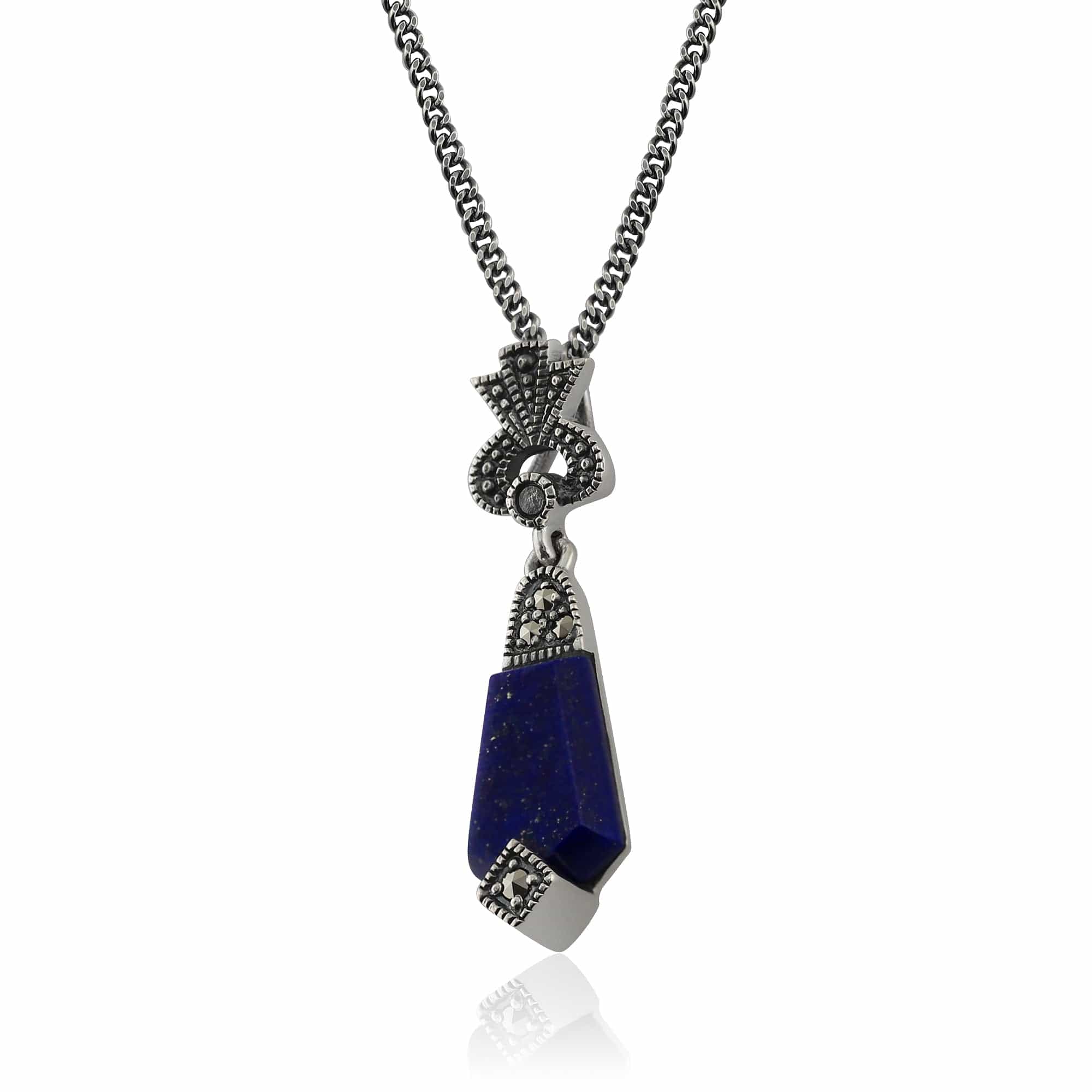 Art Deco Style Lapis Lazuli Cabochon & Marcasite Pendant in 925 Sterling Silver - Gemondo