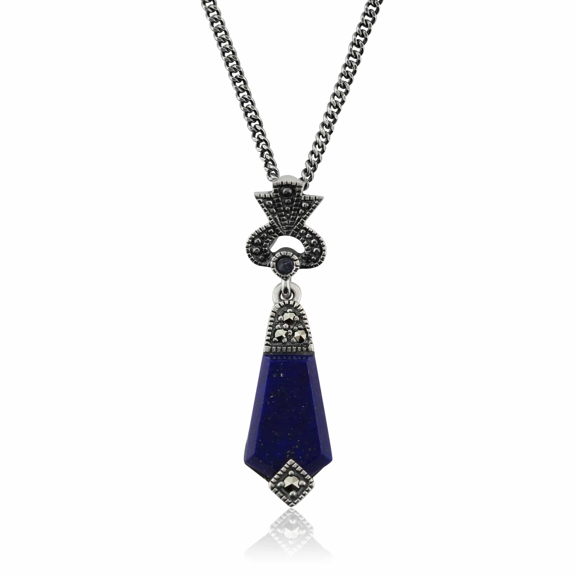 Art Deco Style Lapis Lazuli Cabochon & Marcasite Pendant in 925 Sterling Silver - Gemondo